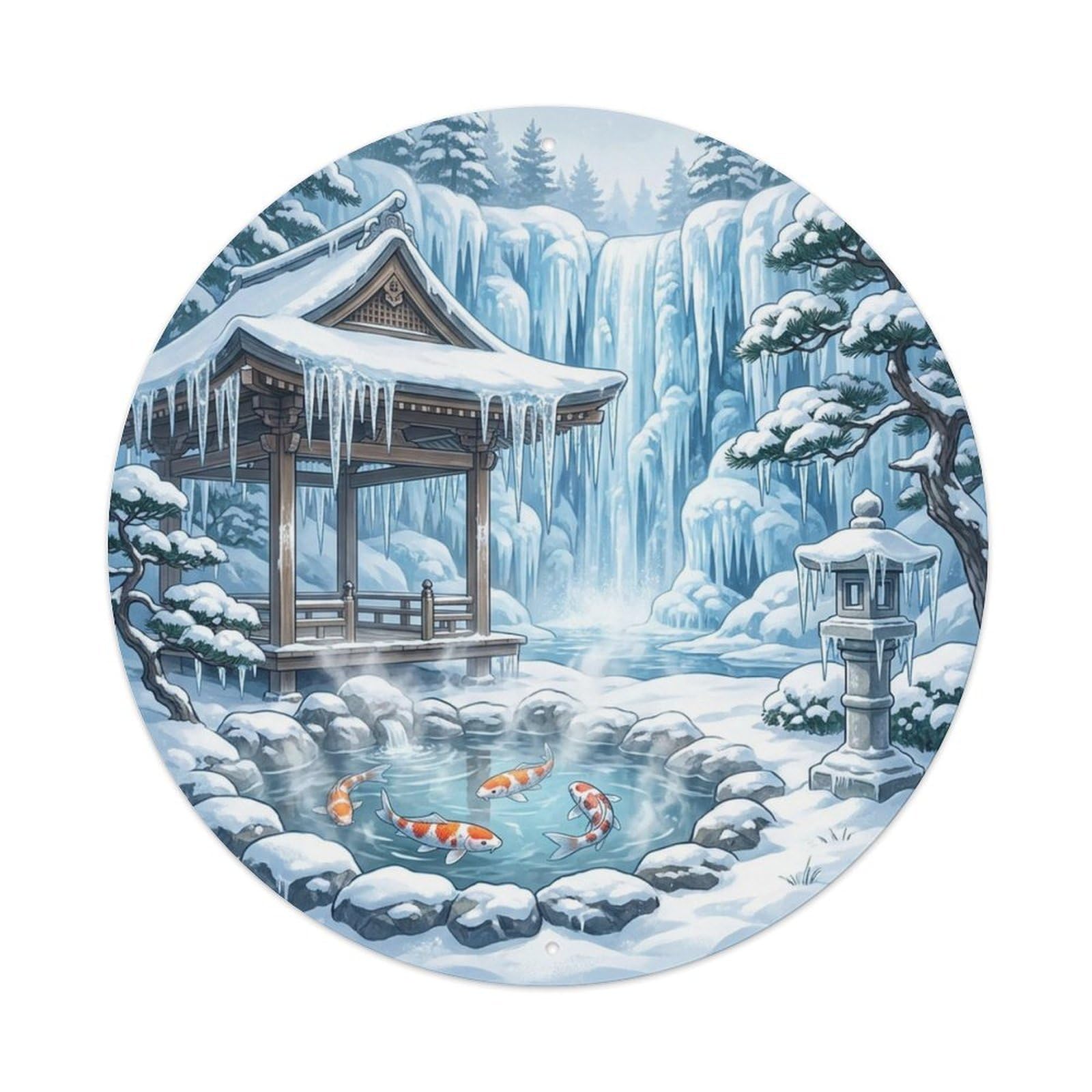 Olyhtr 8X8inch Classic Style Winter Koi Pond Vintage Icicles Frozen Classic Metal Tin Sign