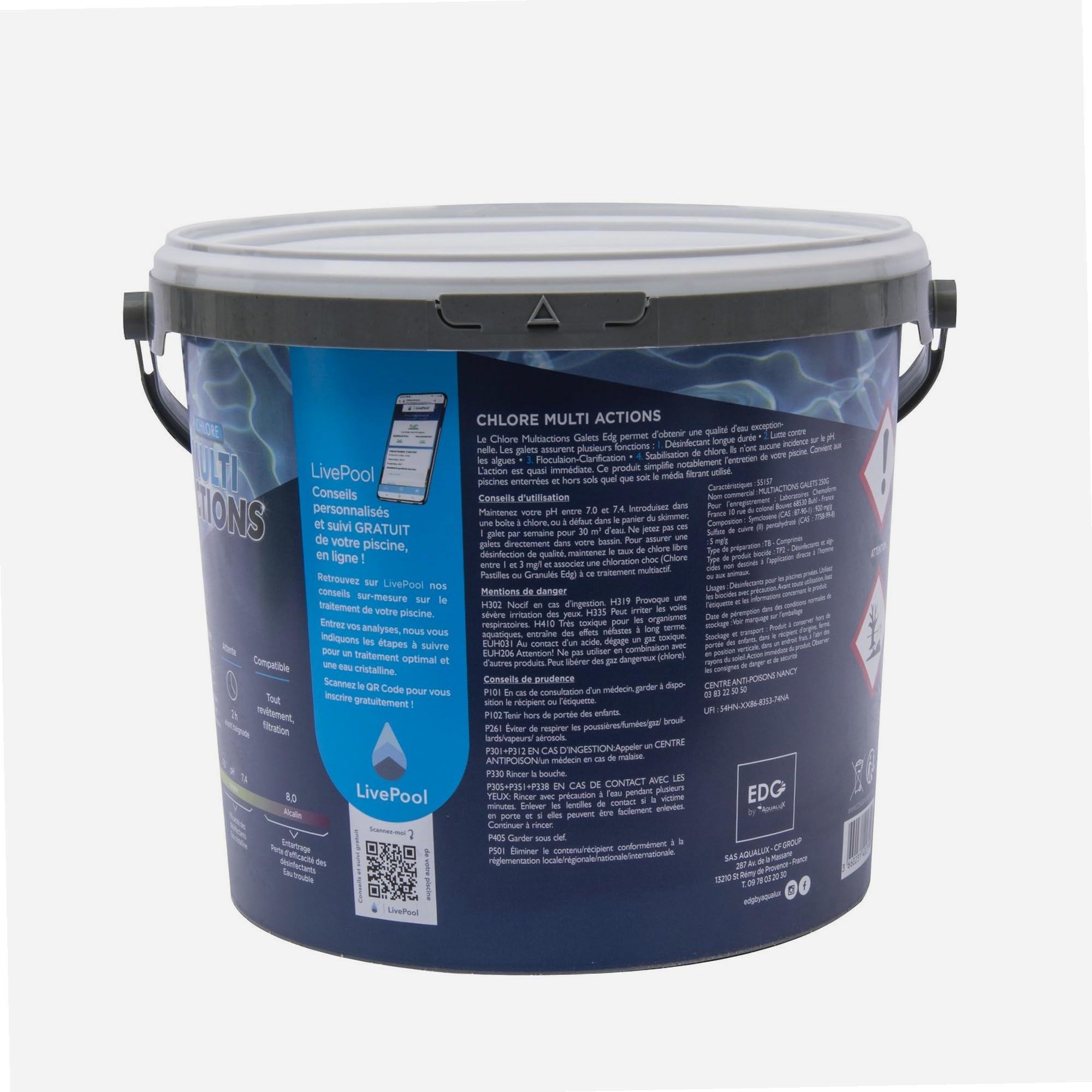0 14848 Chlore Multi Actions, Galets 250gr, Seau de 5KG, EDG, Non comburant-AQUALUX-106622, Blanc