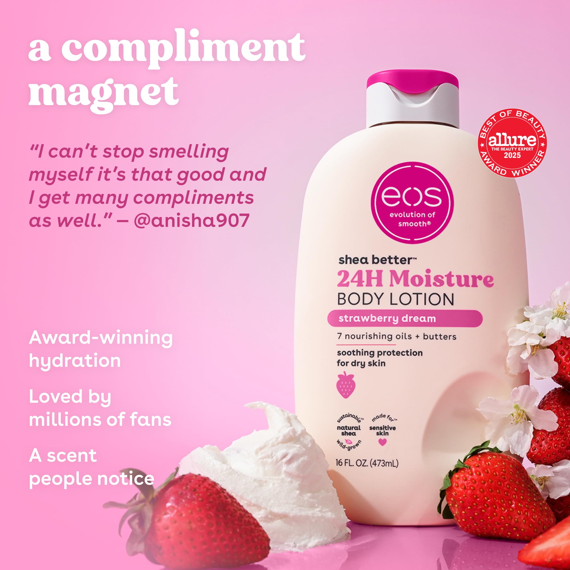 eos Shea Better balsam do ciała - Strawberry Dream, 24-godzinna pielęgnacja skóry, lekka i nietłusta, wyprodukowana z naturalnej masy, wegańska, 40 ml