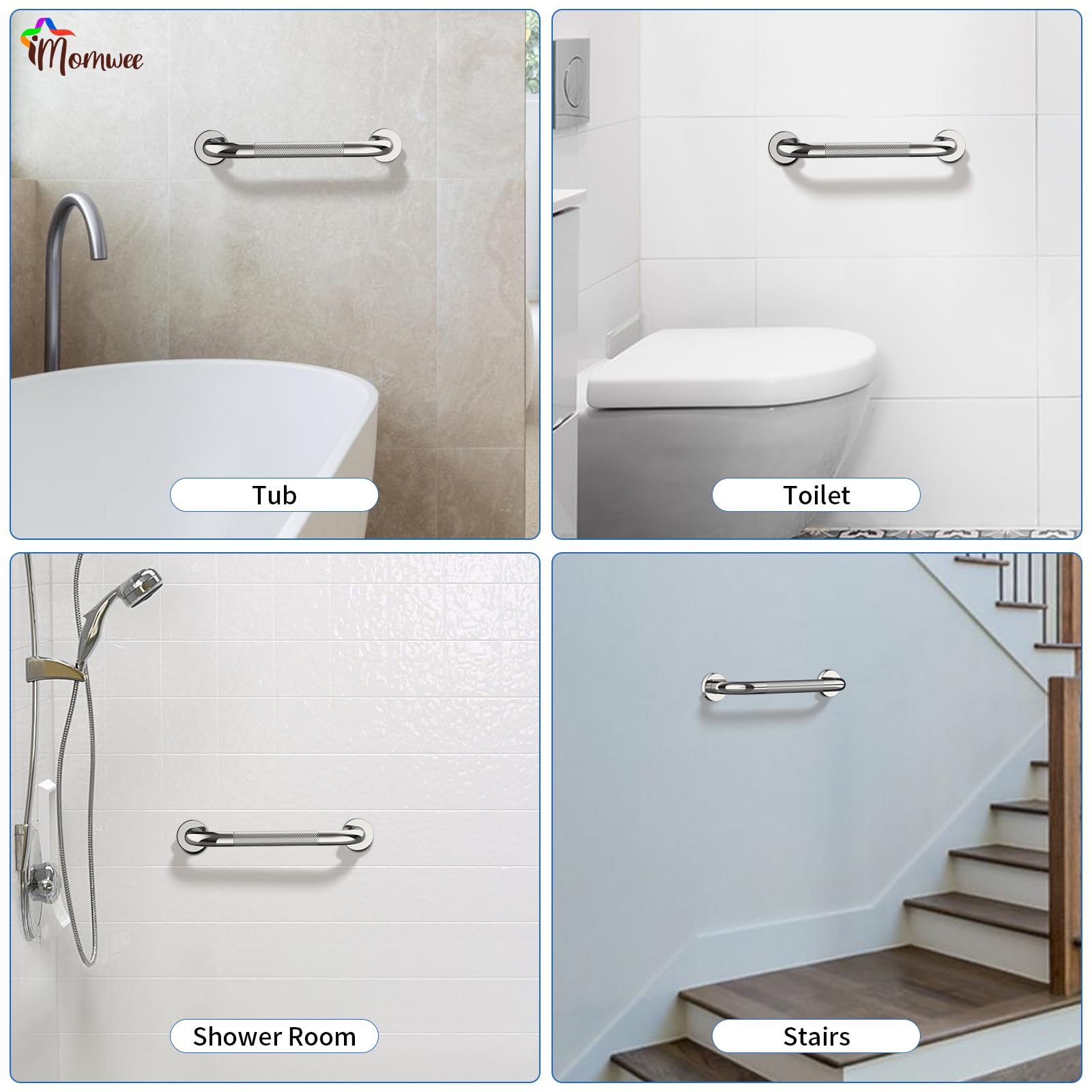 Barra de agarre cromada para ducha, 12 pulgadas, paquete de 2 barras de agarre de acero inoxidable con agarre estriado antideslizante, barra de soporte de equilibrio de baño, barra de apoyo