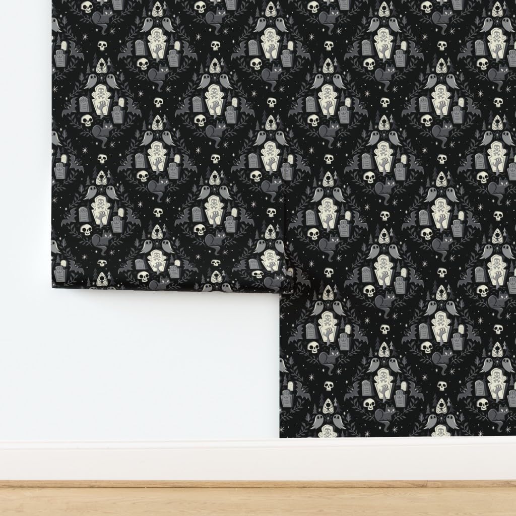 Spoonflower Commercial Grade Wallpaper 27ft x 2ft - Cute Ghosts Spooky Halloween Black Cat Fall Ghost Zombie October Traditional Wallpaper