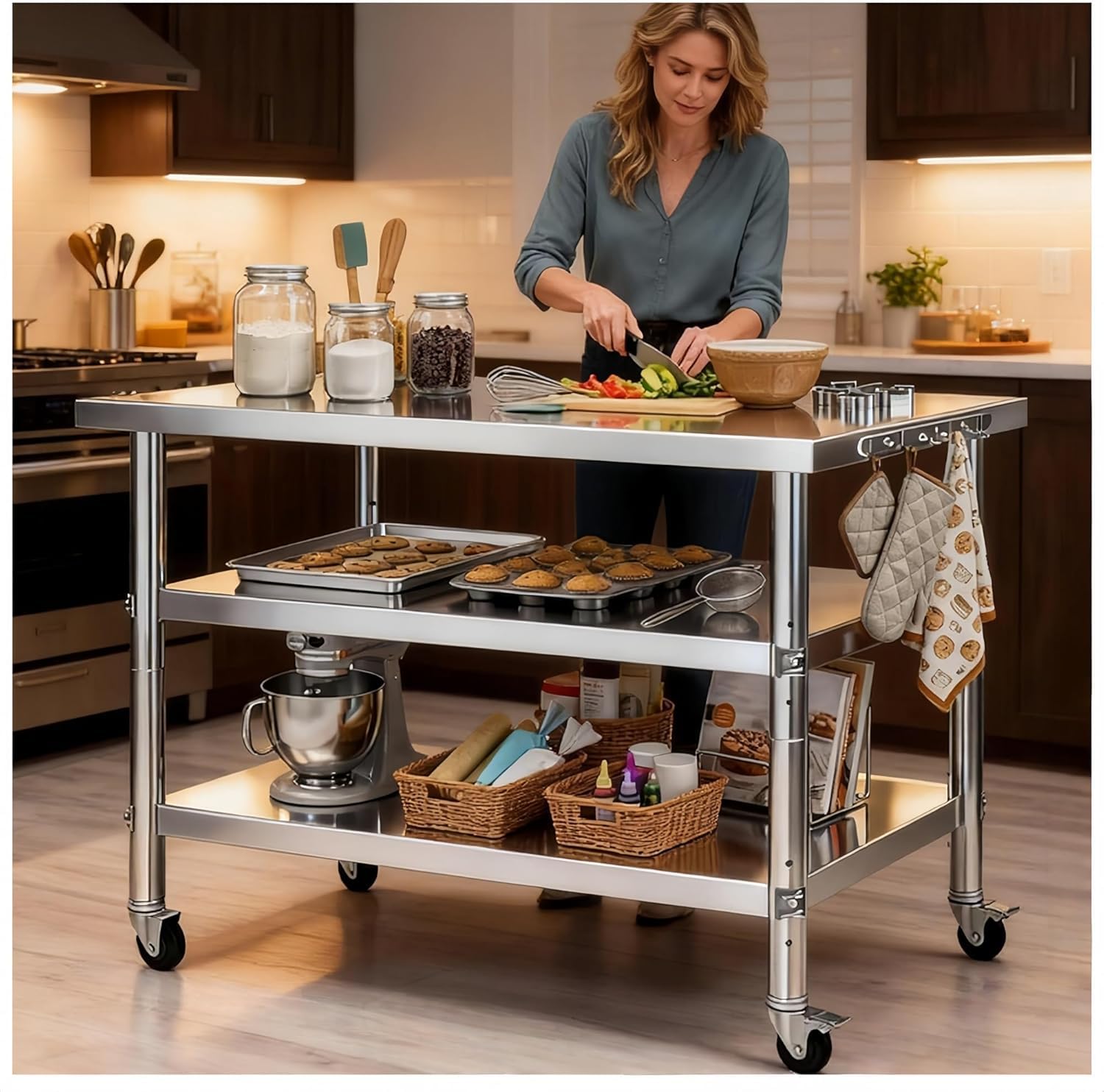 Stainless Steel Table with Wheels for Food Preparation and Work, Multi-Size Optional, Three-Layer Variable Two-Layer Metal Commercial Workbench Outdoor, Restaurant, Kitchen (51" Lx24 Wx34 H)