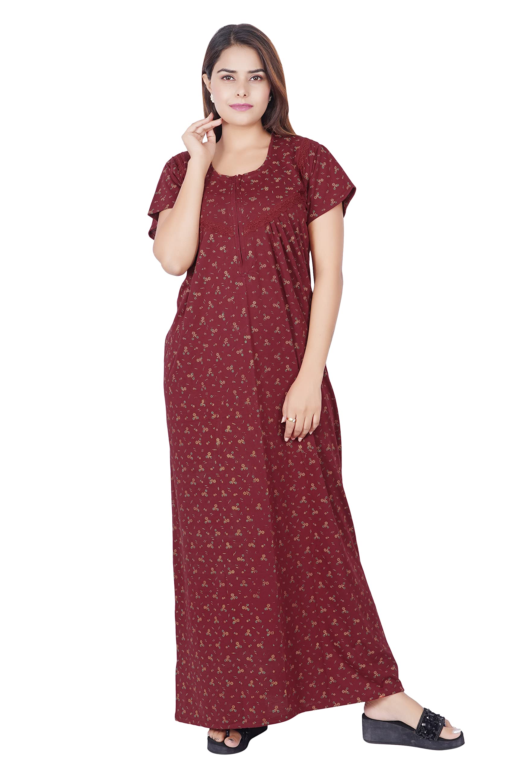 ren star Women's Hosiery Cotton Nighty| Half Sleeves | Night Wear | Maxi for Women | Size-XXL, U Shaped Neck (Article-SK-010) Maroon-picture-24
