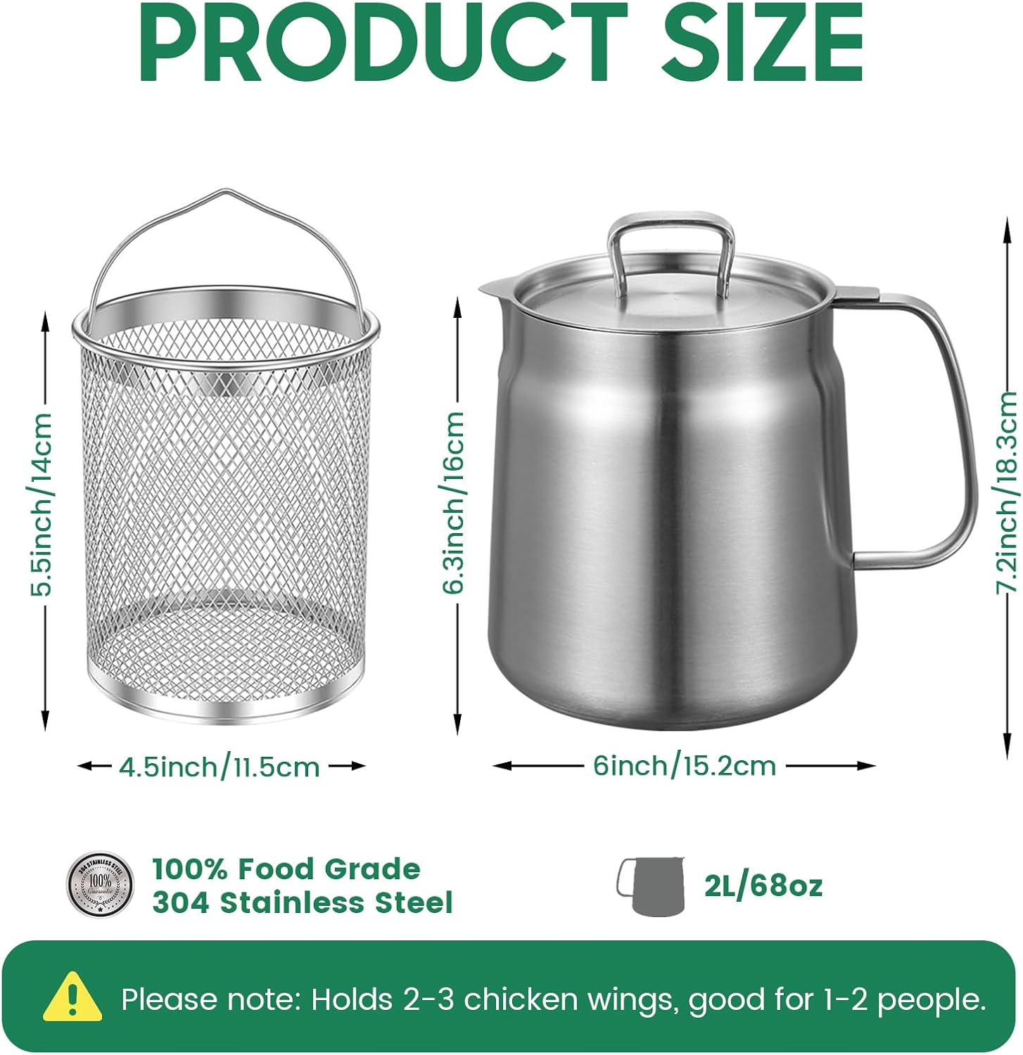2-in-1 304 Stainless Steel Multifunctional Deep Fryer Pot with Basket & Strainer, Large Capacity Oil Filter Pot, Bacon Grease Container with Steel Pour for Kitchen, Camping, Cooking (68oz/2L)