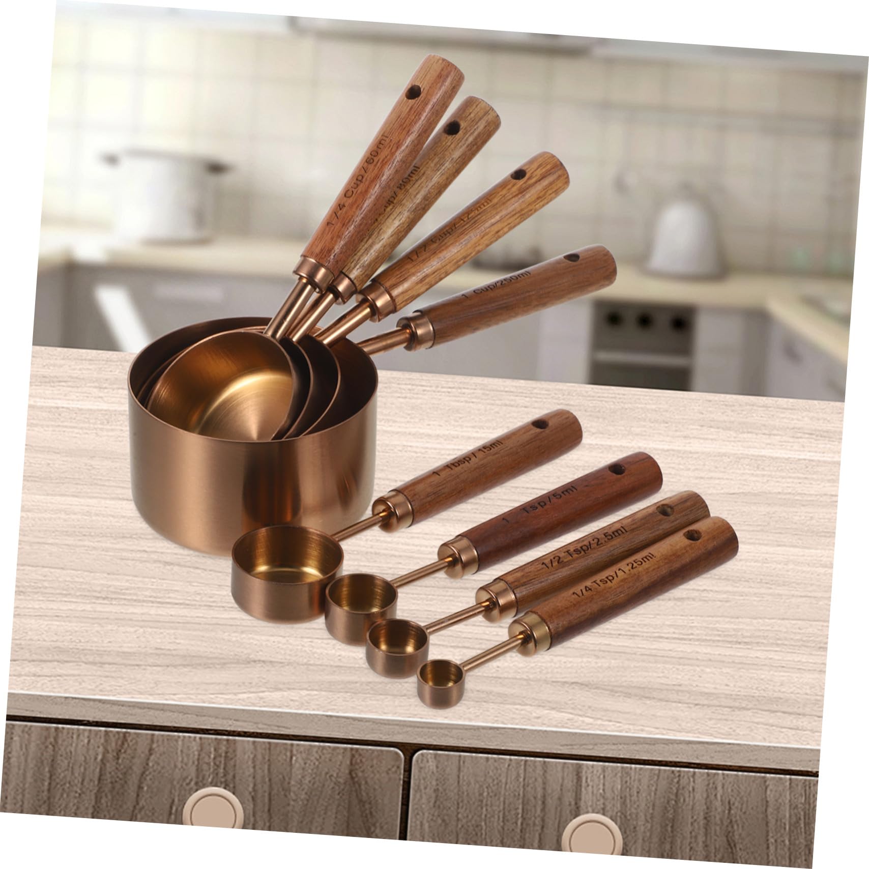 Ensemble de 8 Pièces Ustensiles Cuisine en Acier Inoxydable et Bois, Cuillères à Mesurer pour Ingrédients Liquides et Secs, Compatibles Lave-vaisselle, pour Préparation Café
