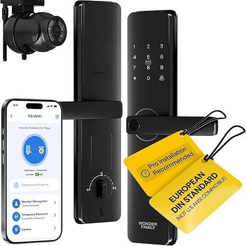 Cerradura de puerta inteligente WiFi con cámara, estándar DIN europeo (no compatible con ANSI de EE. UU.), juego de cerradura de embutir sin llave