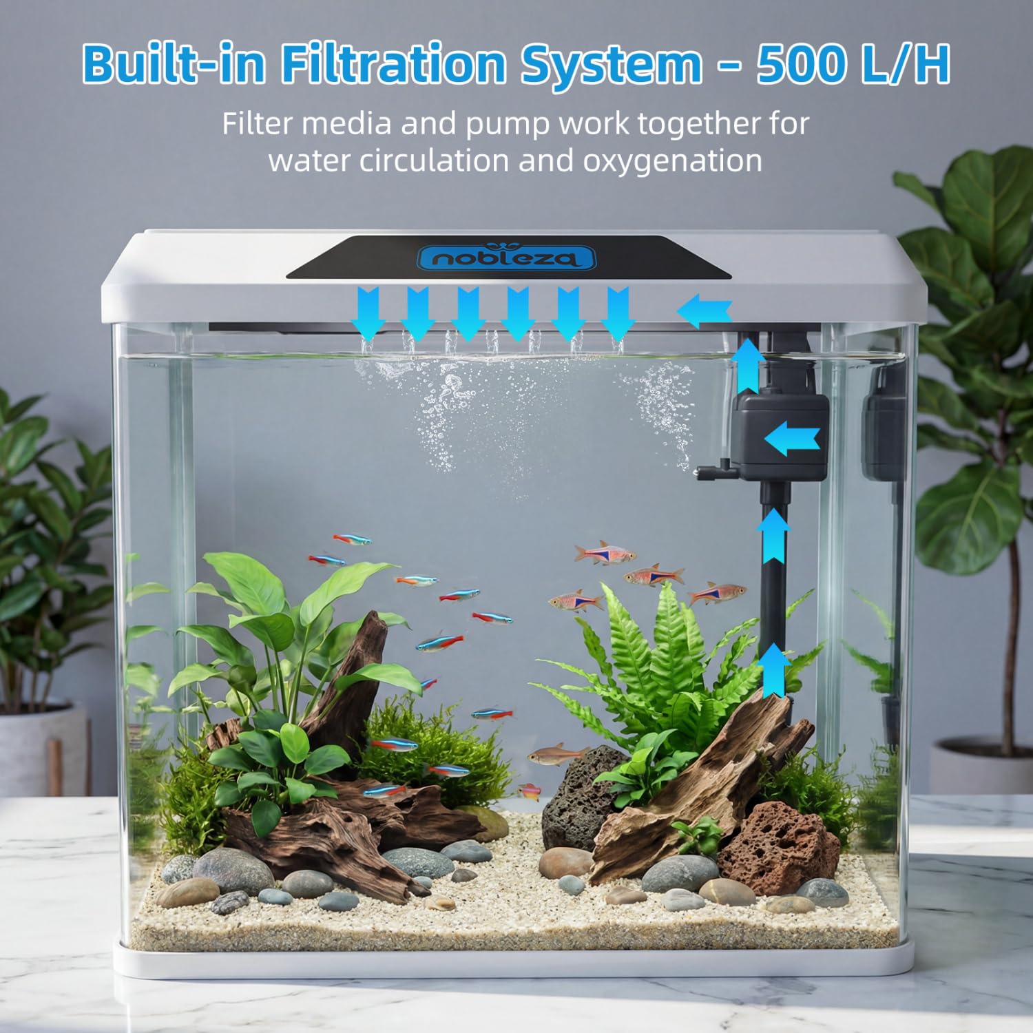 Nobleza - Acquario in Vetro 54L Kit Completo con Filtro e Luce LED Bianco