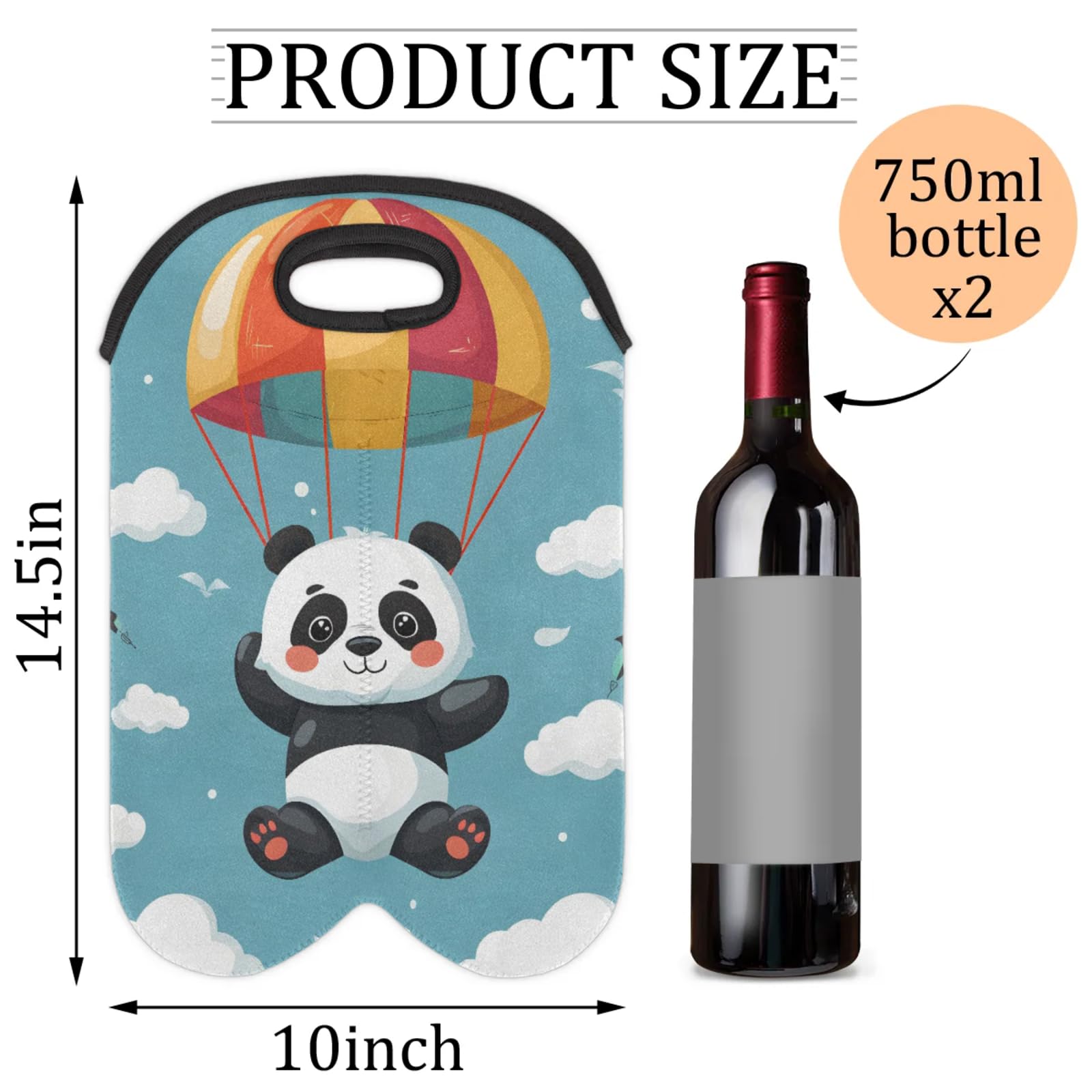 GzLeyigou 2 Bottles Panda Parachute Wine Bag Sleeve Totes Neoprene Protective Wine Carrier Bag for Wine,Water, Champagne, Beer, Baby Bottles,Gift 14.5 x 10 Inches