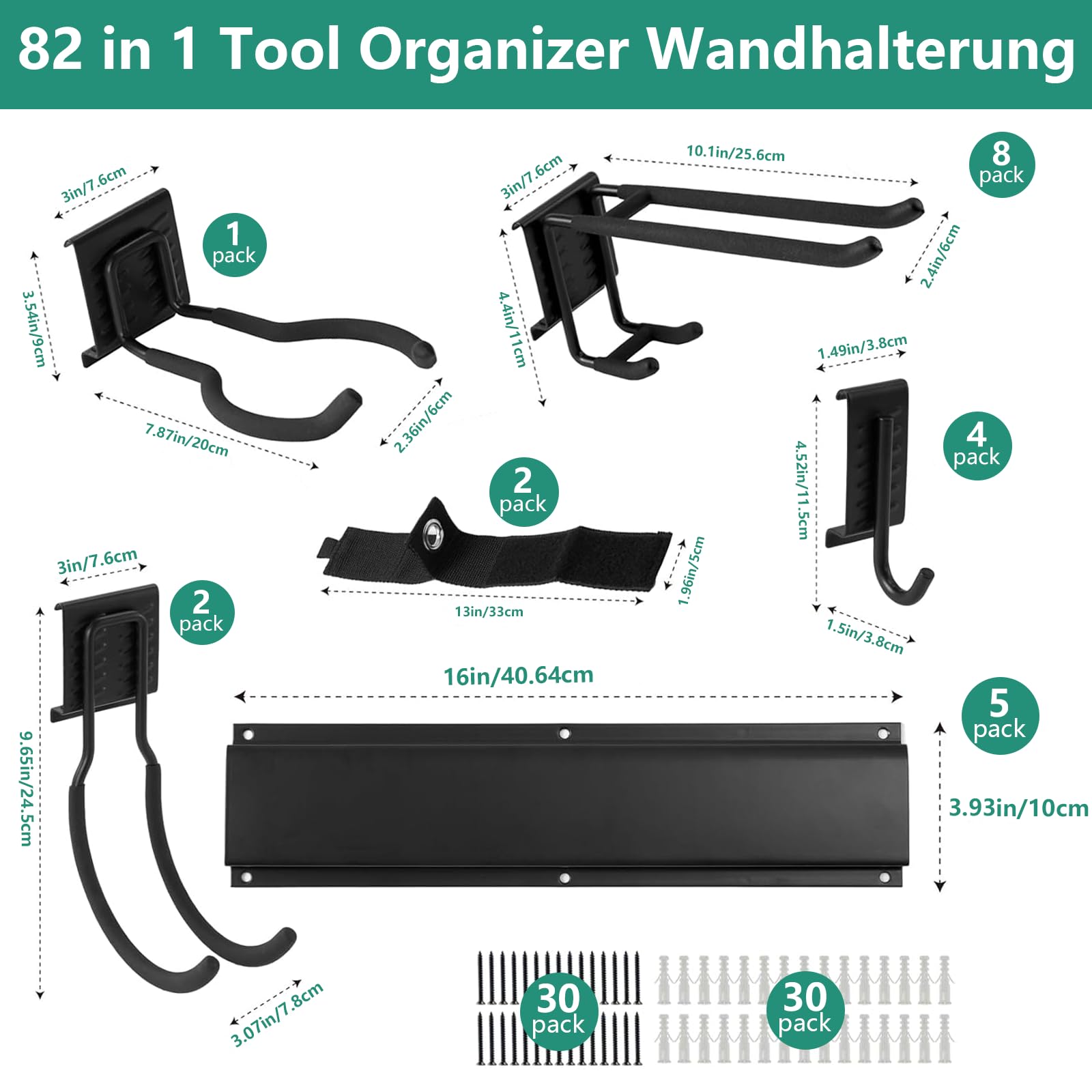 Gerätehalter Wandhalterung, 200cm Gartengerätehalter Metall mit 5 Schienen, Besenhalterung Wand mit 15 Verstellbaren Metallhaken, Tool Organizer Wandhalterung für Besen, Schaufel, Gartengeräte