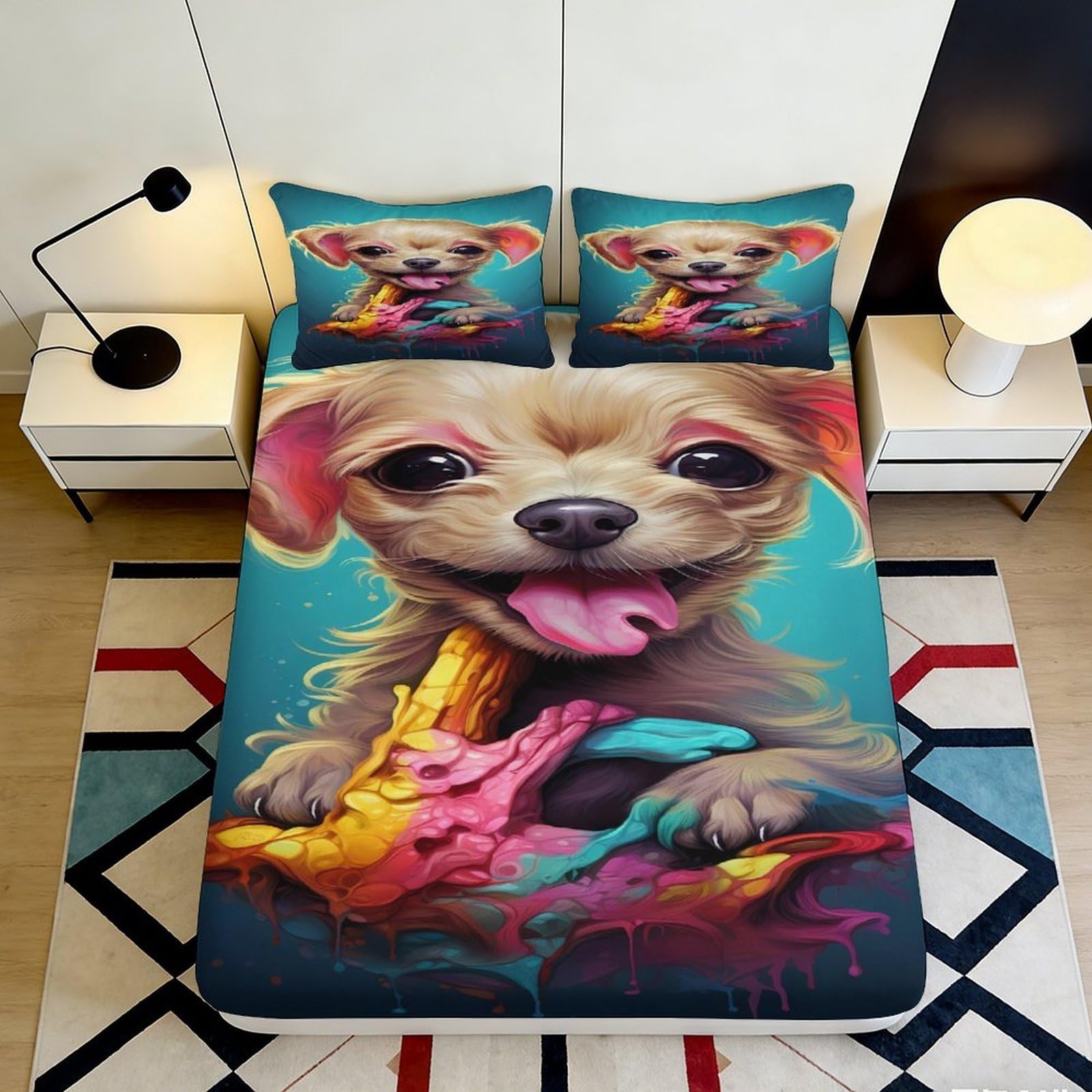 3D Printed Cute Puppy Fitted Sheet Microfiber Deep Pocket Bedroom Bedding Washable Elastic Hem Puppy Mattress Fitted Cover for All Ages 140x200x25cm