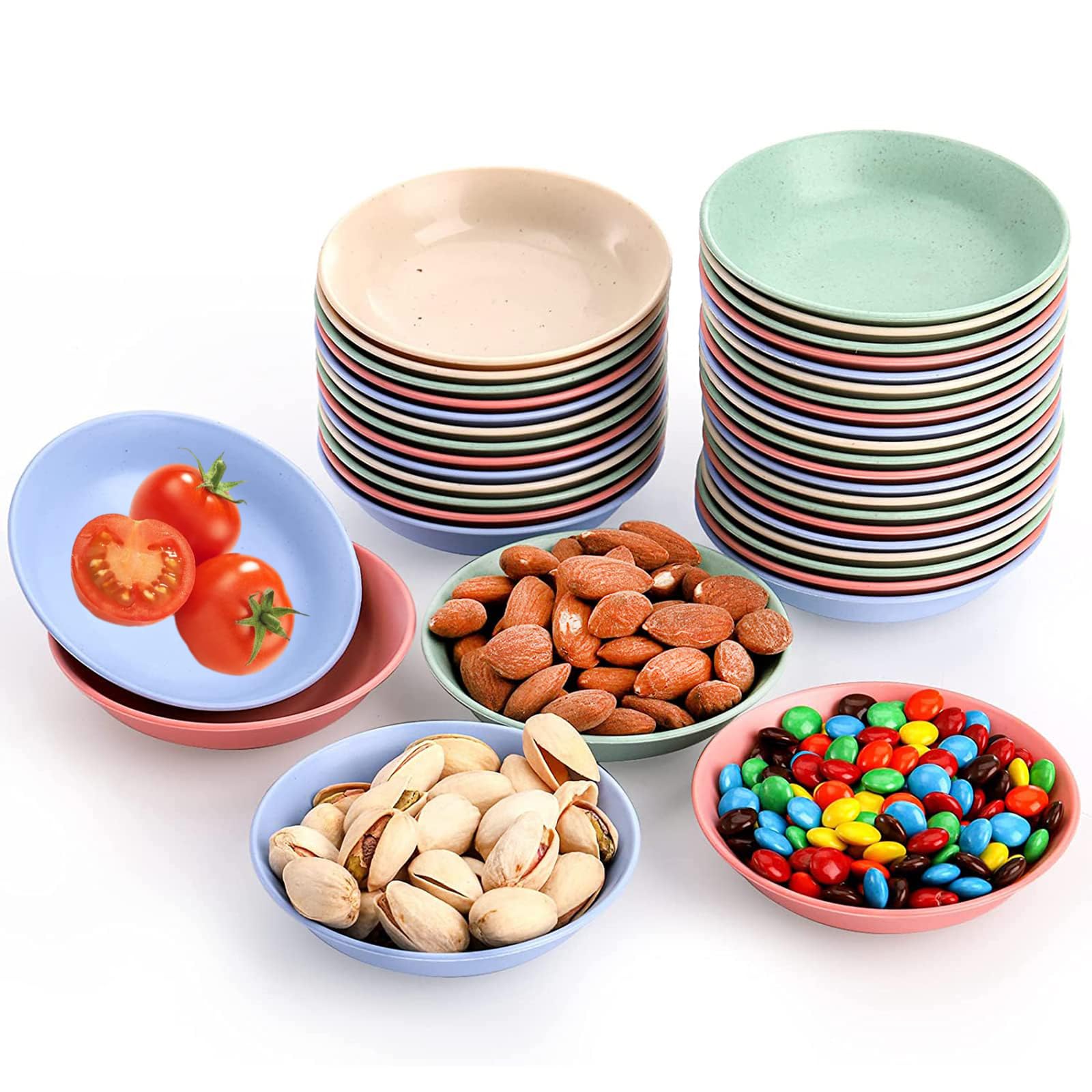 Set of 40 Wheat Straw Dipping Bowls - Unbreakable Seasoning Dishes for Condiments, Pastes, Jams, Sushi - 3.4" Size, Shallow Bottom - Eco-Friendly Kitchen Accessories