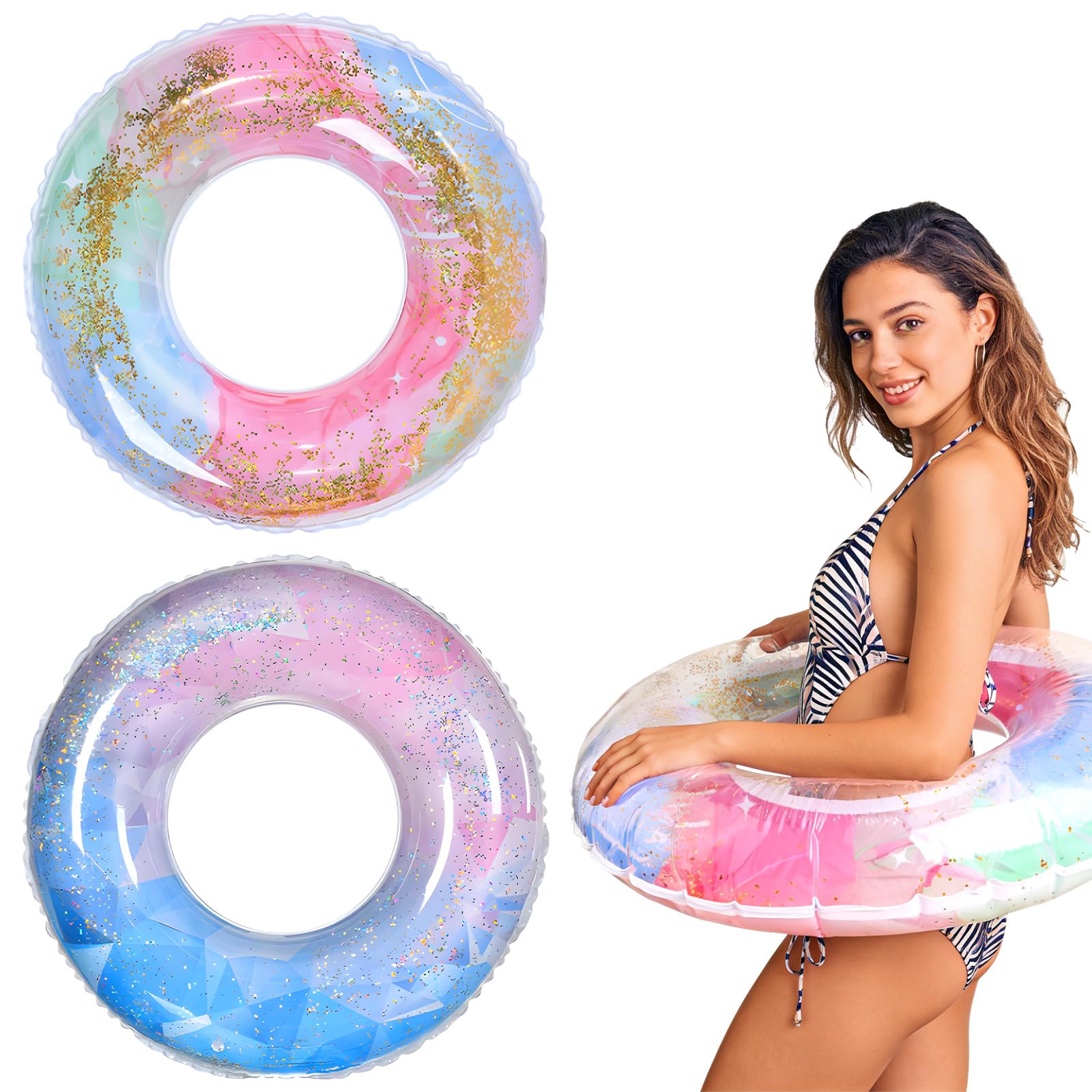 Inflatable Sequin Swim Rings (2 Pack, 75cm) - Pool Floats for Adults & Teens - Summer Beach Parties Accessories