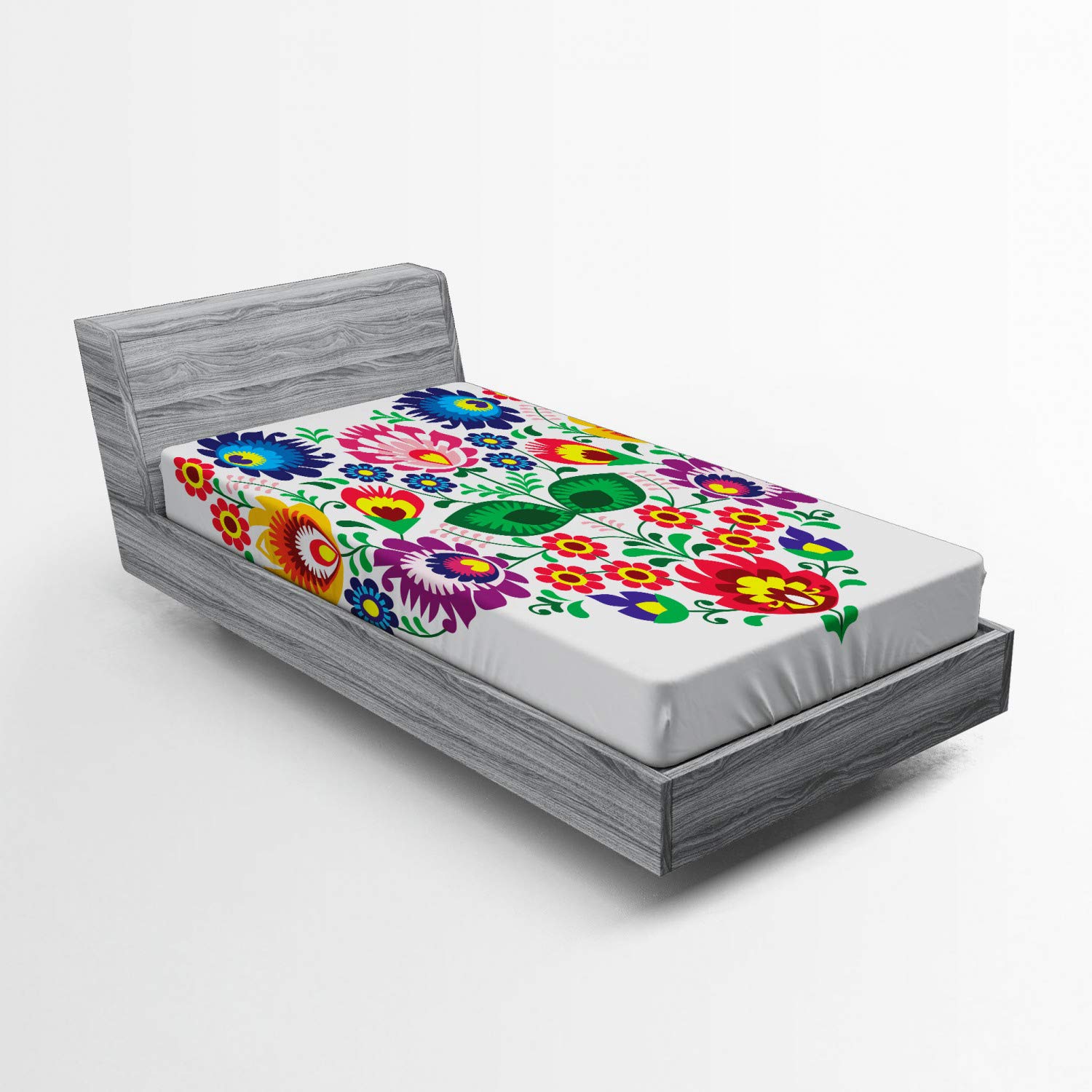 Ambesonne Polish Folk Art Fitted Sheet, Folkloric Slav Motif Graphic Shape as Heart with Colorful Spring Flowers, Bed Cover with All-Round Elastic Deep Pocket for Comfort, Twin XL Size, Green Purple