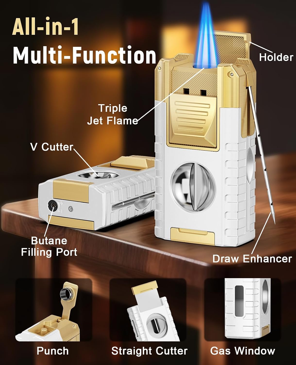 6-in-1 Torch Lighter with V Cutter, Straight Cutter, Punch, Holder, Draw Enhancer & Triple Windproof Flame, Refillable Butane Lighter for Candle, All-in-One Cool Lighters Birthday Gifts for Men