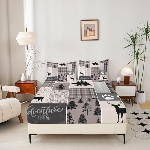 Miniatura 288 de Sábana bajera ajustable de oso de caza, juego de ropa de cama a cuadros de búfalo, sábanas de retazos de cabaña rústica para niños, niños, Multi