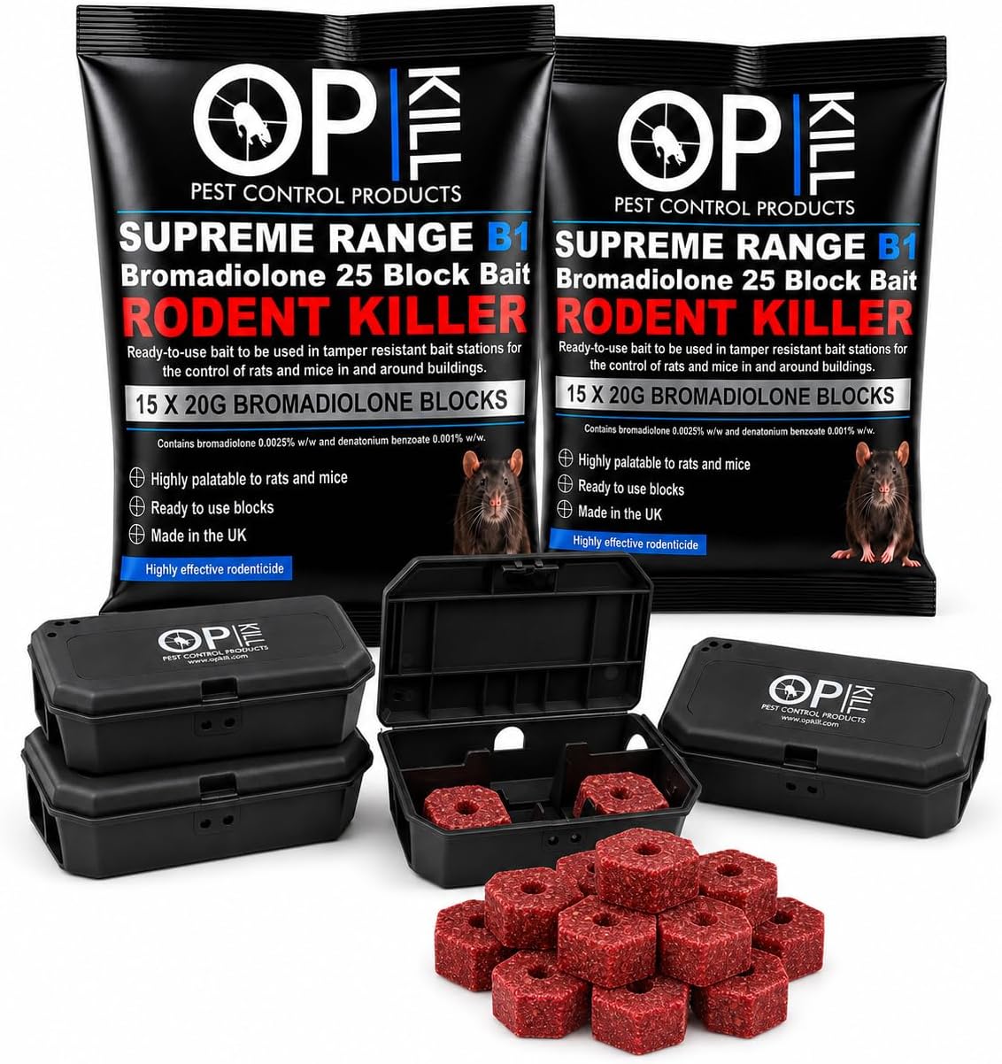 Rat Poison & Mouse killer Kit - 600g Strongest Bait Available Weatherproof Fast Acting and Safe for Professional and Domestic use (Professional Choice Blocks 30 x 20g) & 4x MOUSE Bait Box's