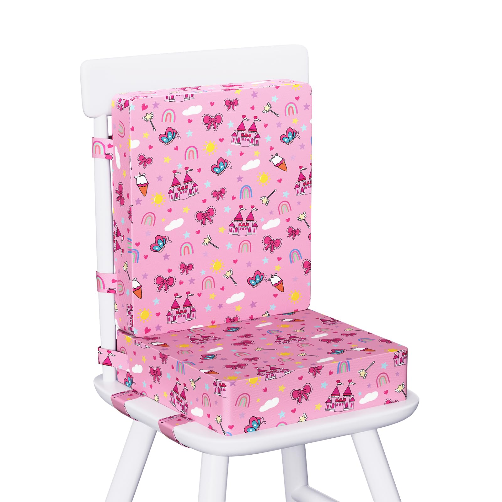 Capslpad Coussin rehausseur pour table à manger avec dossier, fond antidérapant et ceinture de sécurité réglable, imperméable, 10 cm d'épaisseur, motif dessin animé, amovible, lavable, portable - Rose