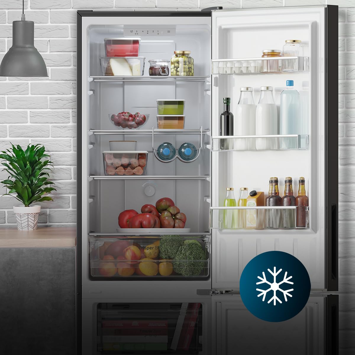 Cecotec Kombi-Kühlschrank Bolero CoolMarket Combi 250 Black Glass E. Energieklasse E Kühlschrank mit schwarzem Glas 180x55 cm, 250 l, No Frost, Multi Air Flow, Schnellkühlung.