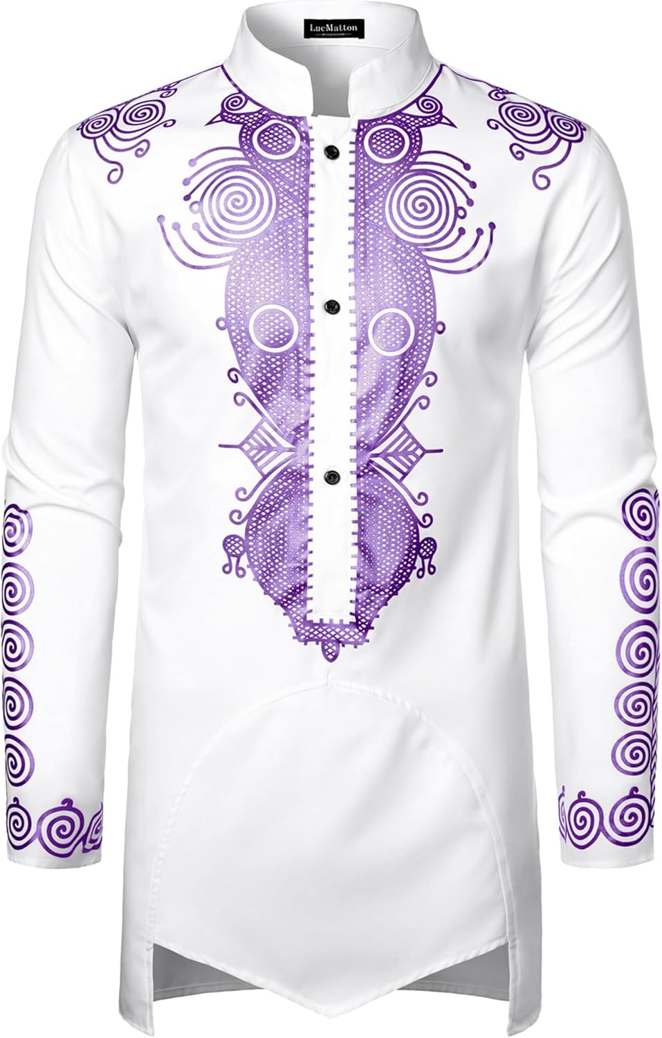 LucMatton Men's Traditional African Dashiki Tunic Long Sleeve Shirt with Metallic Foil Stamping and Mandarin Collar