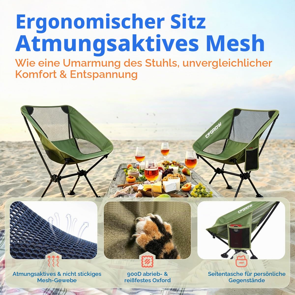 CFGROW Campingstuhl Faltbar, Tragbarer Campingstühle 150Kg Faltstuhl Ultraleichter Kleines Packmaß Klappstuhl mit Tragetasche für Picknick Angeln Garten Wandern Outdoor Rucksackreisen (Grün)