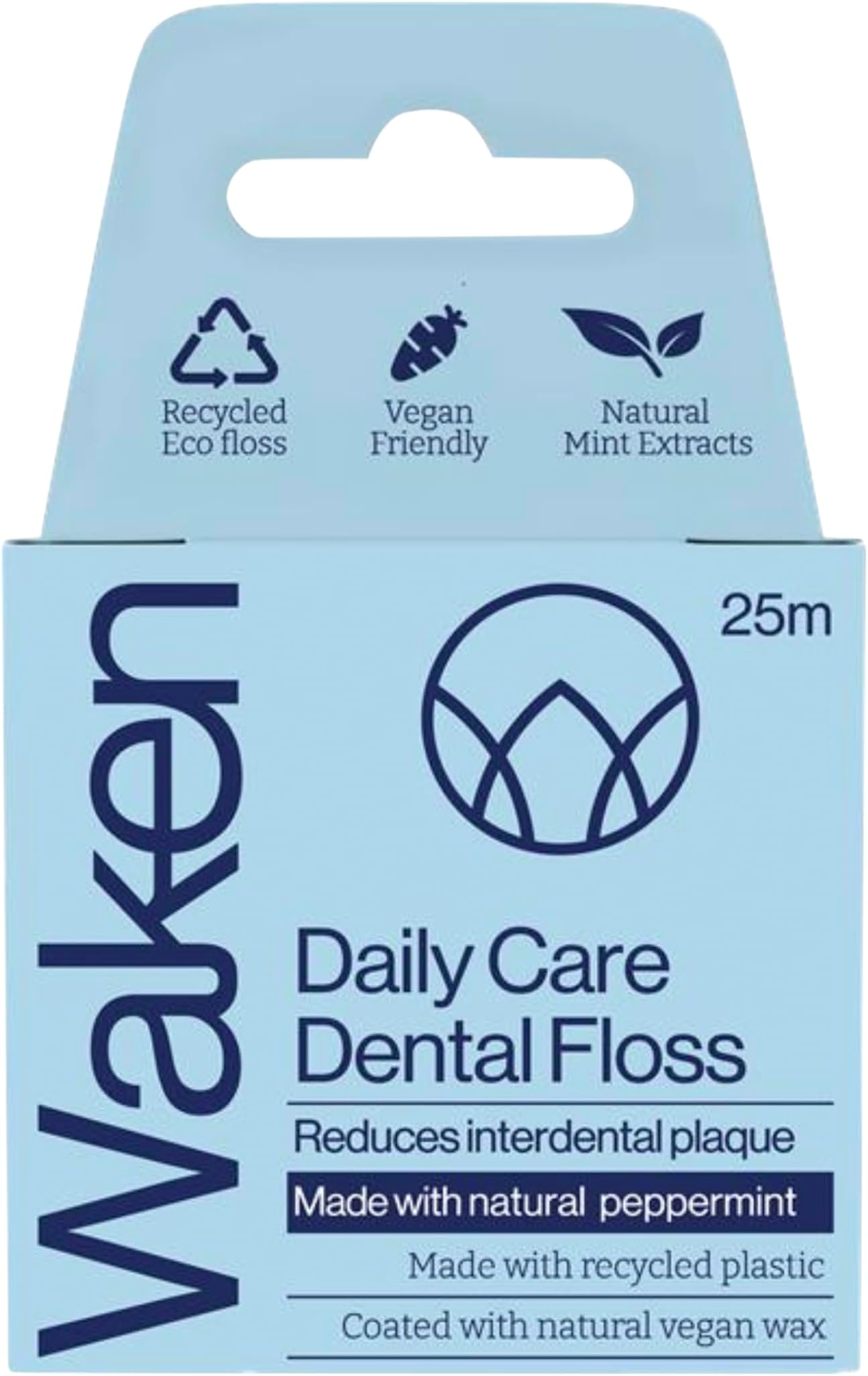 Waken, 25m peppermint dental floss, 100% natural flavor, reduces plaque and gum disease, clinically tested, vegan floss, eco-friendly, sustainable packaging, 100% recyclable, white.