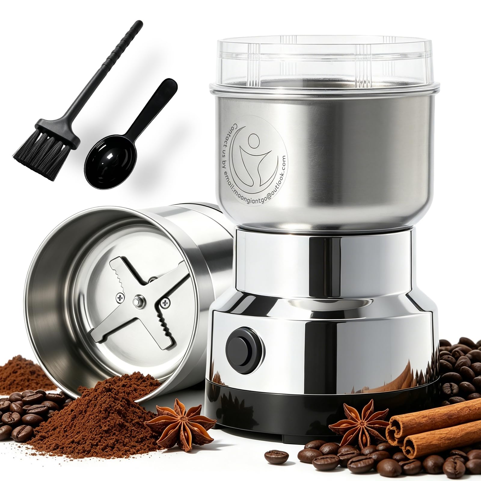 Moongiantgo Moulin à Céréales Multifonctionnel 200W 14500rpm, Moulin à Café Ultra-Fin, 300ml Broyeur à Épices Électrique Portable, Acier Inoxydable, Parfait pour Matières Sèches, Herbes, Café (Argent)