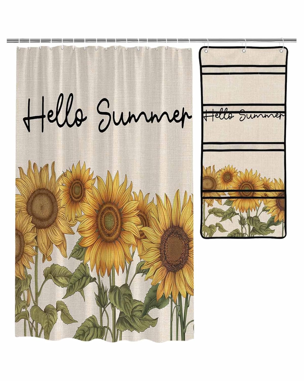 ZFUNCING Shower Curtain Mesh Shower Organizer Set Vintage Country Sunflower Green Leaf Waterproof Bath Curtains Hanging Shower Caddy