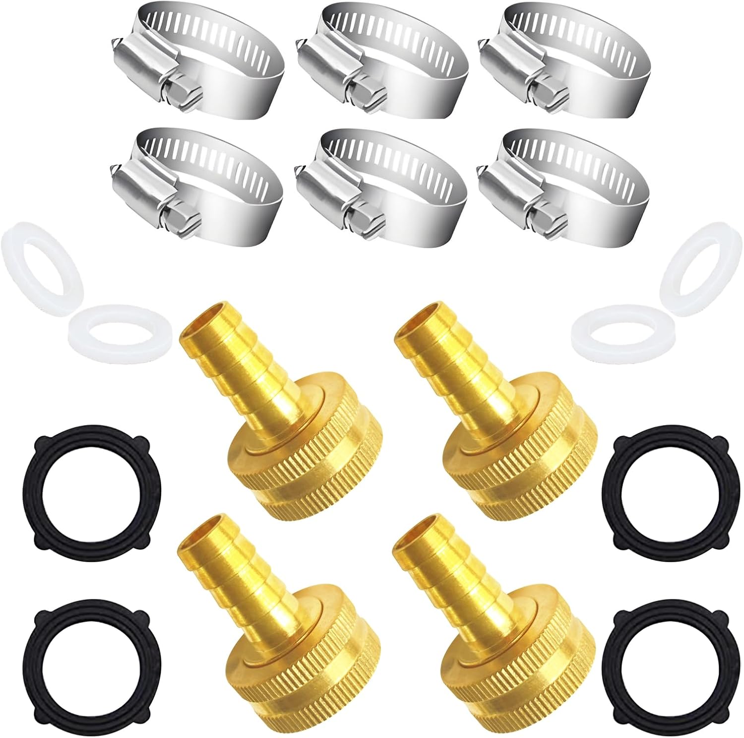 4PCS Solid Brass 3/8" Barb x 3/4"GHT Female Garden Hose End Connector Splicer Mender Repair Fitting Include 6 Stainless Steel Clamps