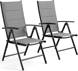 LIFERUN Silla de Jardín Plegable con Respaldo Alto y Asiento de Aluminio, con Respaldo y Asiento Acolchados, 7 Posiciones, hasta 120 kg, Silla de Comedor para Exteriores, Juego de 2 Unidades, Gris