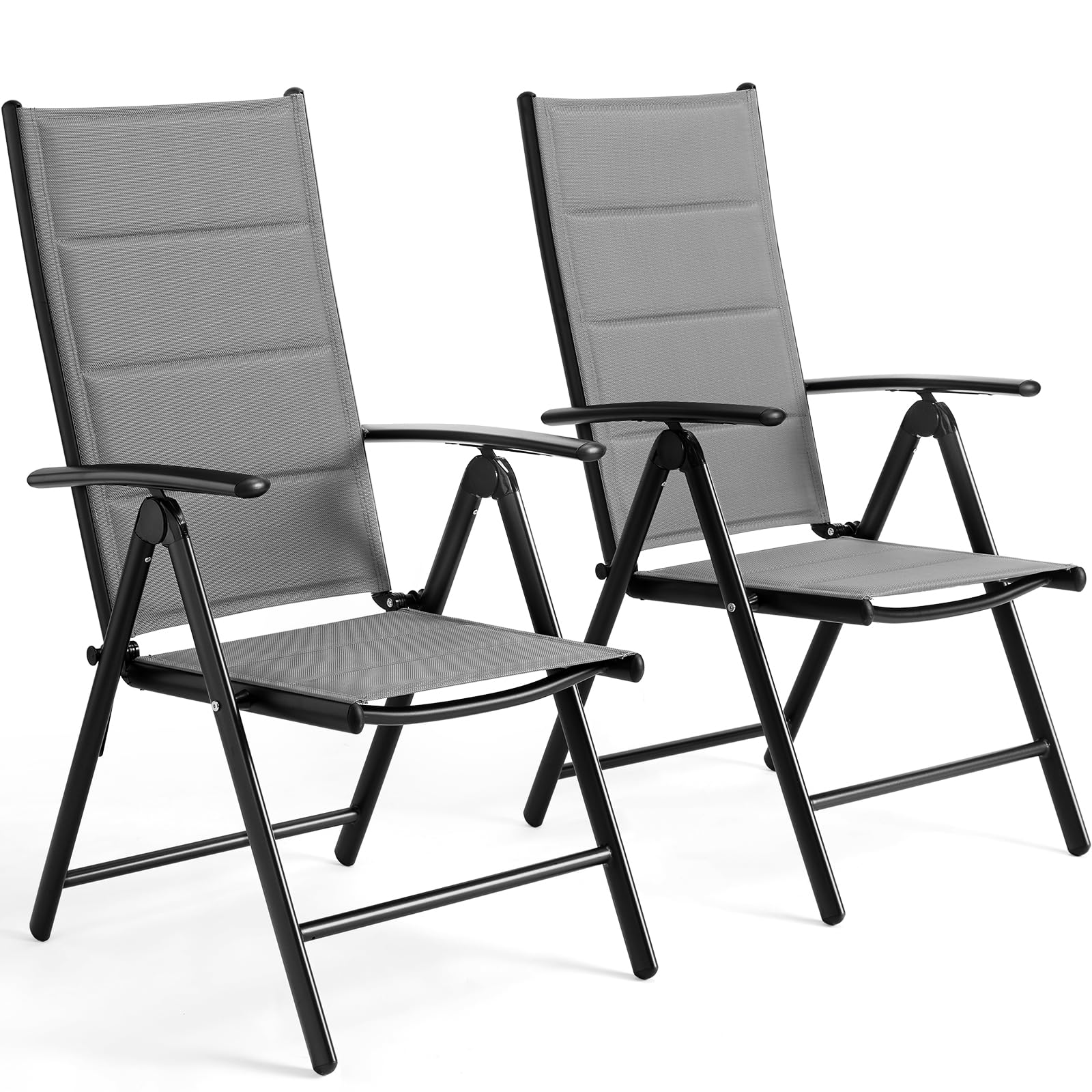 LIFERUN Gartenstühl Hochlehner Klappbar, 2er Set Aluminium Balkonstuhl,mit Gesteppte Rückenlehne & Sitzfläche,7-Fach Verstellbar,Bis 120 kg, Outdoor Esszimmerstuhl, Armlehnen Klappstuhl, Grau, 2 PCS