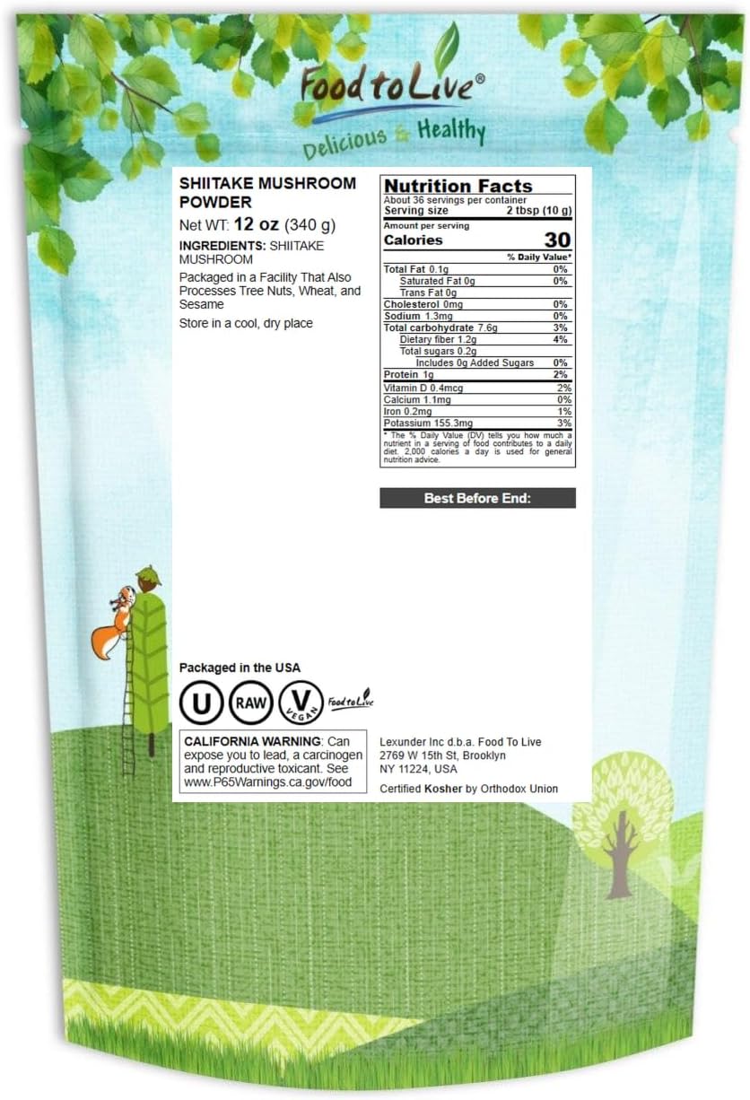 Food to Live Shiitake Mushroom Powder, 12 Ounces – Finely Ground from Premium Dried Shiitake, Kosher, Vegan, Bulk