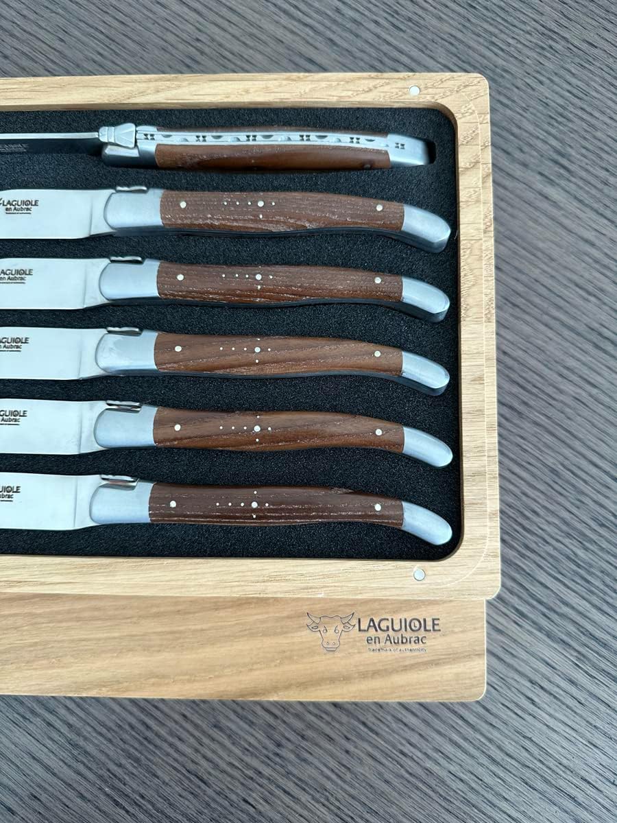 Laguiole en Aubrac Luxury Fully Forged Full Tang Stainless Steel Steak Knives 6-Piece Set with Ash Wood Handles, Stainless Steel Matte Bolsters