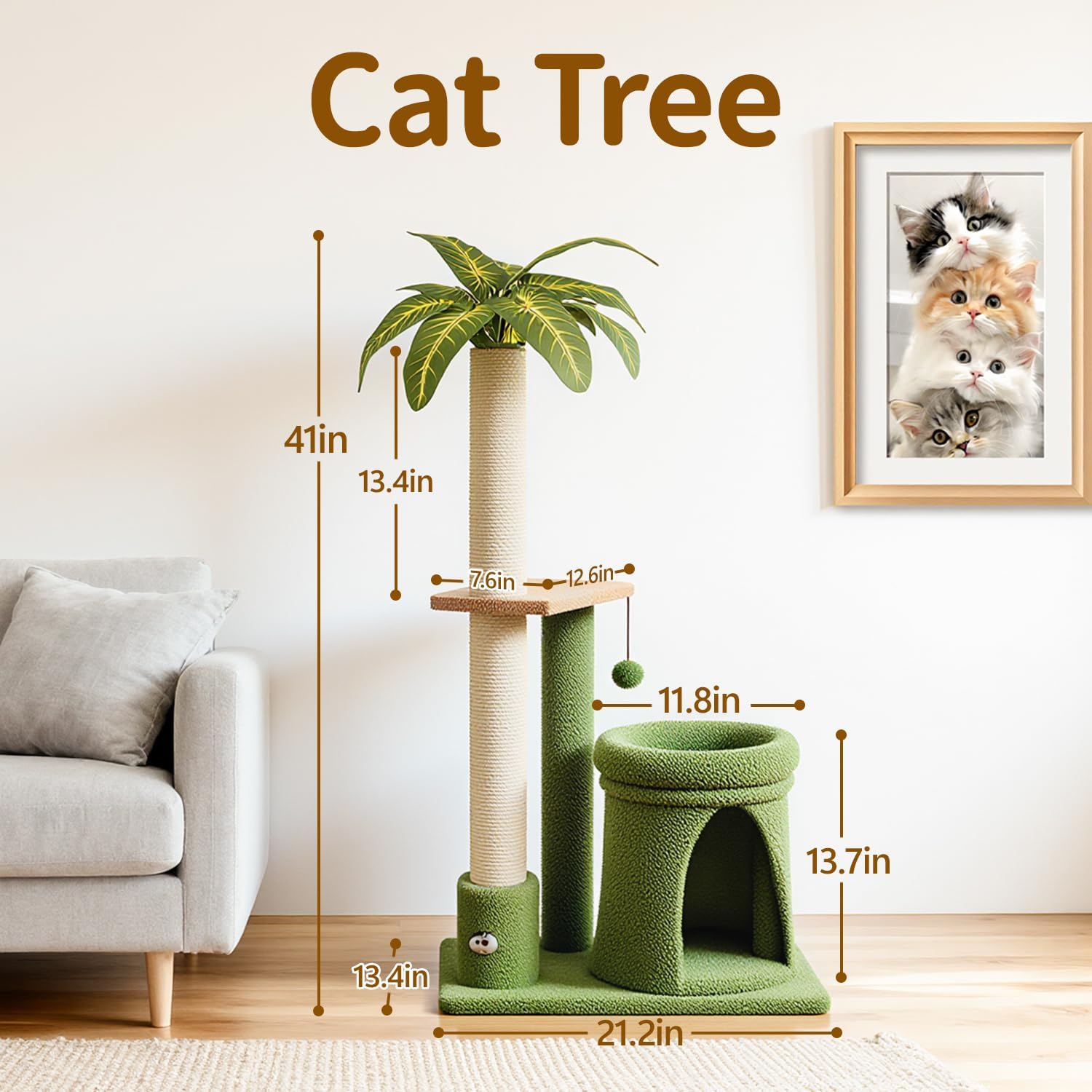 Cat Tree Tower Scratching Post Stand for Indoor, 41" Compact Palm Tree Kitten House Condo with Cozy Bed for Small Cats, Space Saving Design, Supports Climber Scratch Playing and Rest