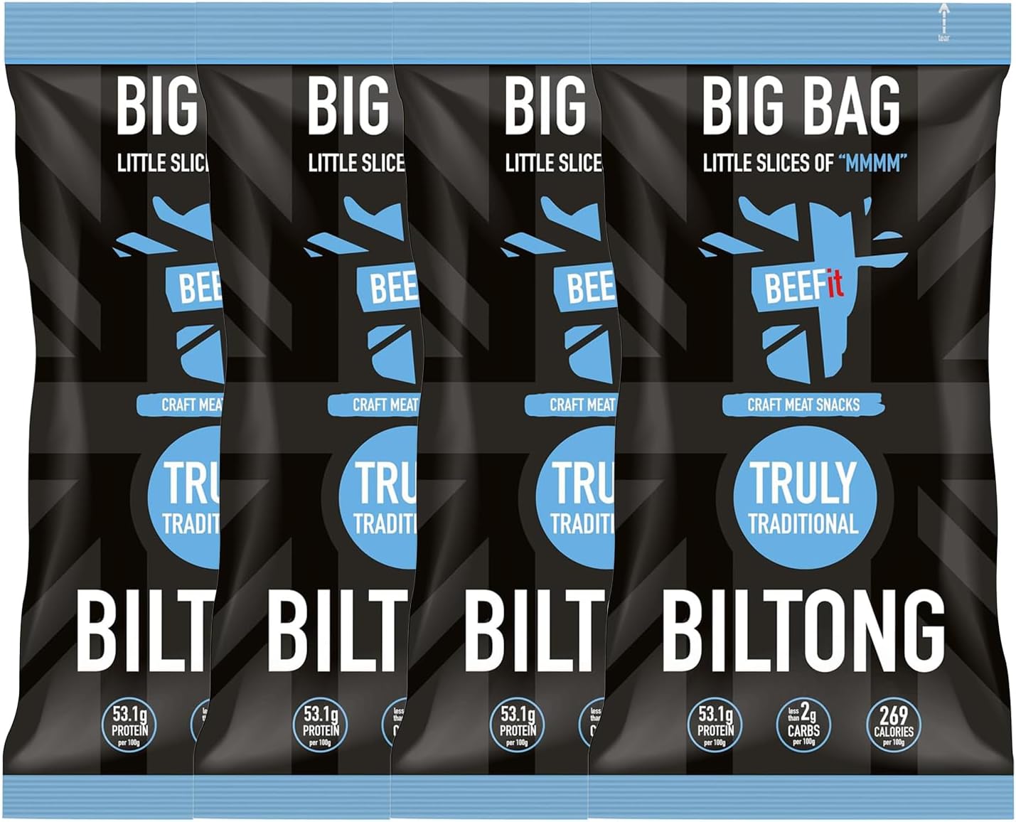 BEEFit Biltong Beef Jerky - Healthy High Protein Snacks, Gluten Free and Keto Friendly Snack - Perfect for On-the-Go or Fitness Enthusiasts, 250g (Pack of 4)