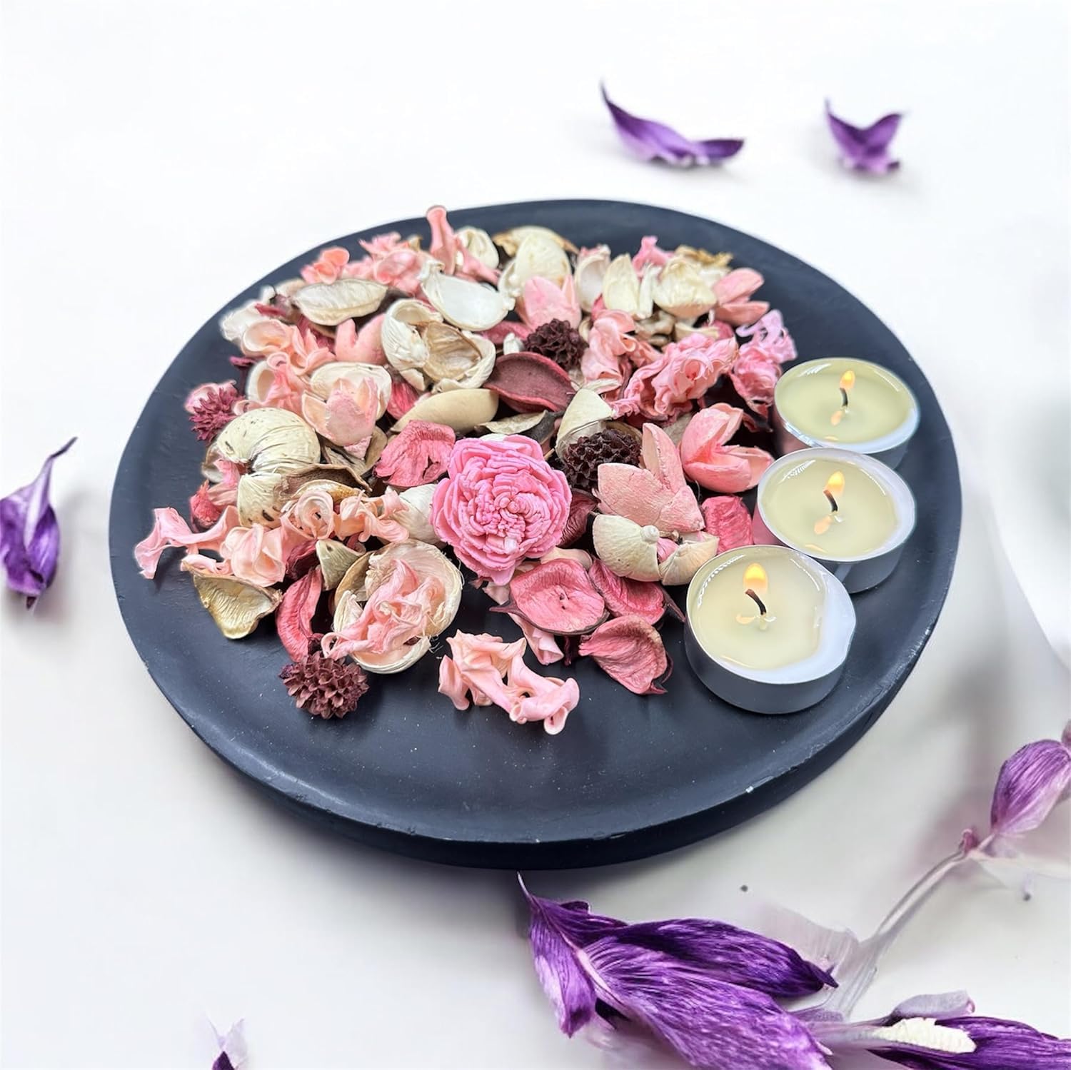 Coffret de Pot-pourri Parfumé Fleurs Roses avec 3 Bougies Chauffe-Plat