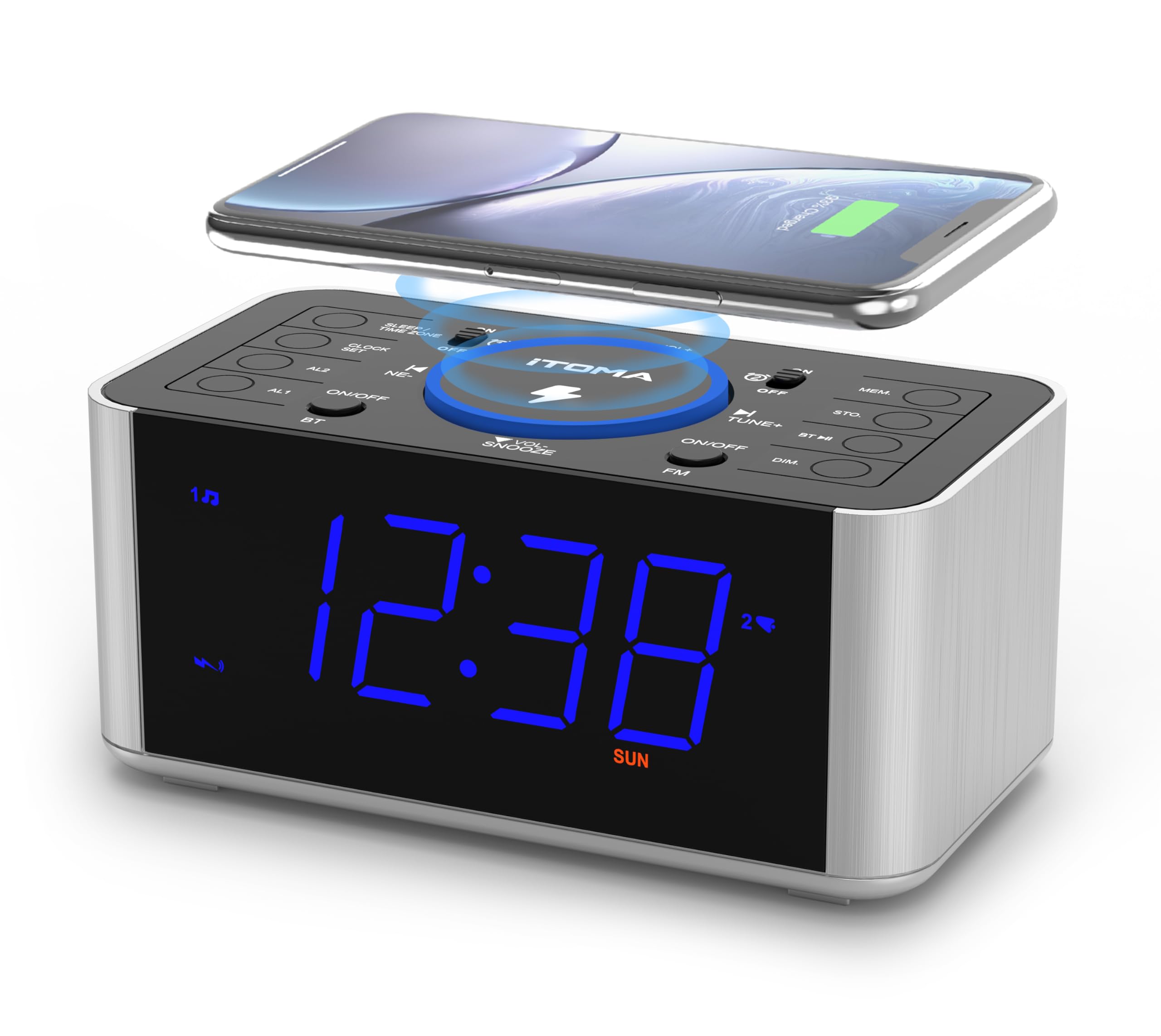 iTOMA Radio de Despertador con Carga inalámbrica 5w, Snooze, Bluetooth, Despertador Doble, Pantalla LED de 1,4 Pulgadas, dimmer, Reloj de Carga USB en la cabecera de la Cama 206