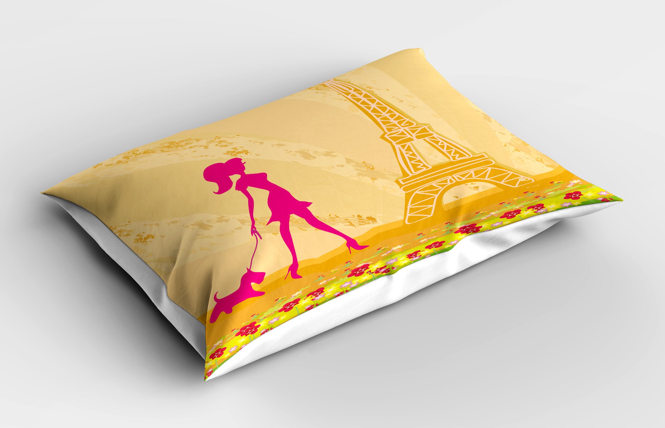 Ambesonne Teen Room Pillow Sham, Pink Silhouette of a Girl with The Dog Eiffel Tower in Paris Design, Decorative Standard King Size Printed Pillowcase, 36