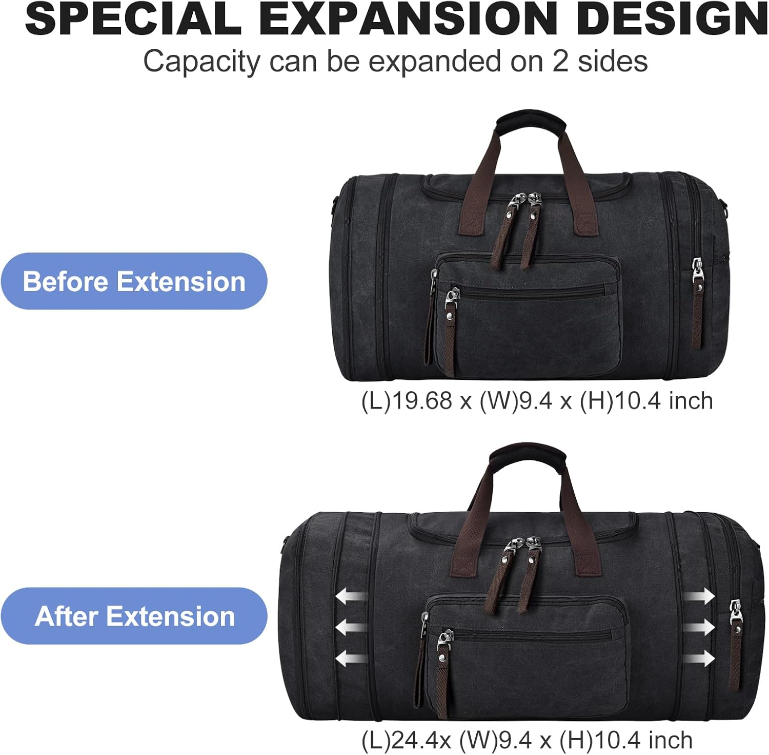 Felipe Varela Duffle Bag for Men, Canvas Expandable Duffel Bag for Travel, Mens Carry On Luggage Bags Traveling Weekender Gym Overnight Duffel Bags for Airplanes, Black - Image 2