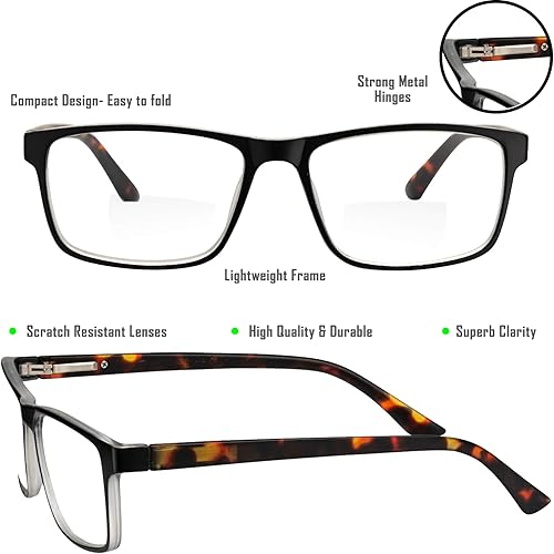 Miniatura 6 de Yogo Vision Bifocal Reading Glasses for Men and Women, Rectangle MultiFocal Readers with Spring Hinges, Retro Design