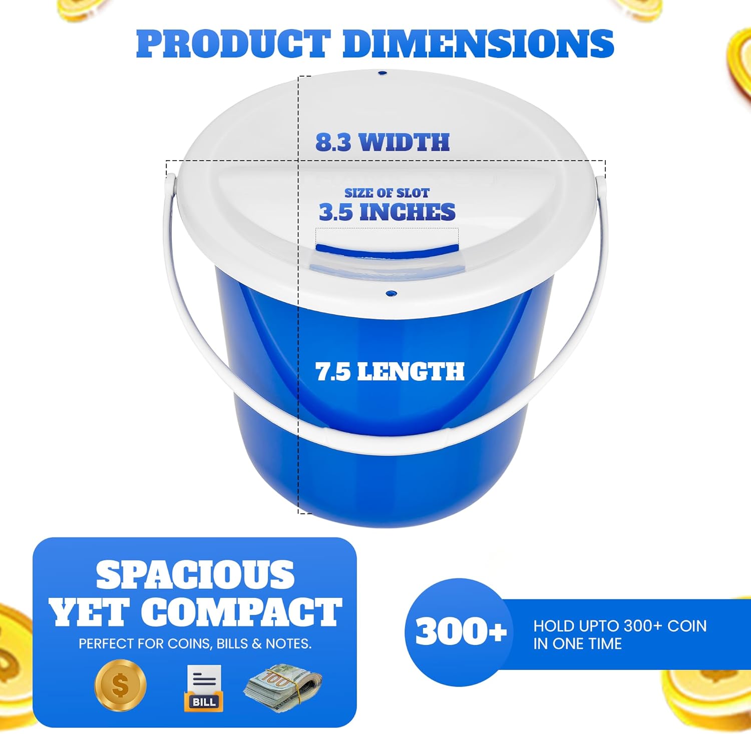 Plastic Coin Collection Bucket with Removable lid and Handle Charity Donation Collection Money Box Pail for Fundraising with top Slot for Tickets raffles and Money 7.5" Hx8.3 Diameter(Blue) 4 Pack