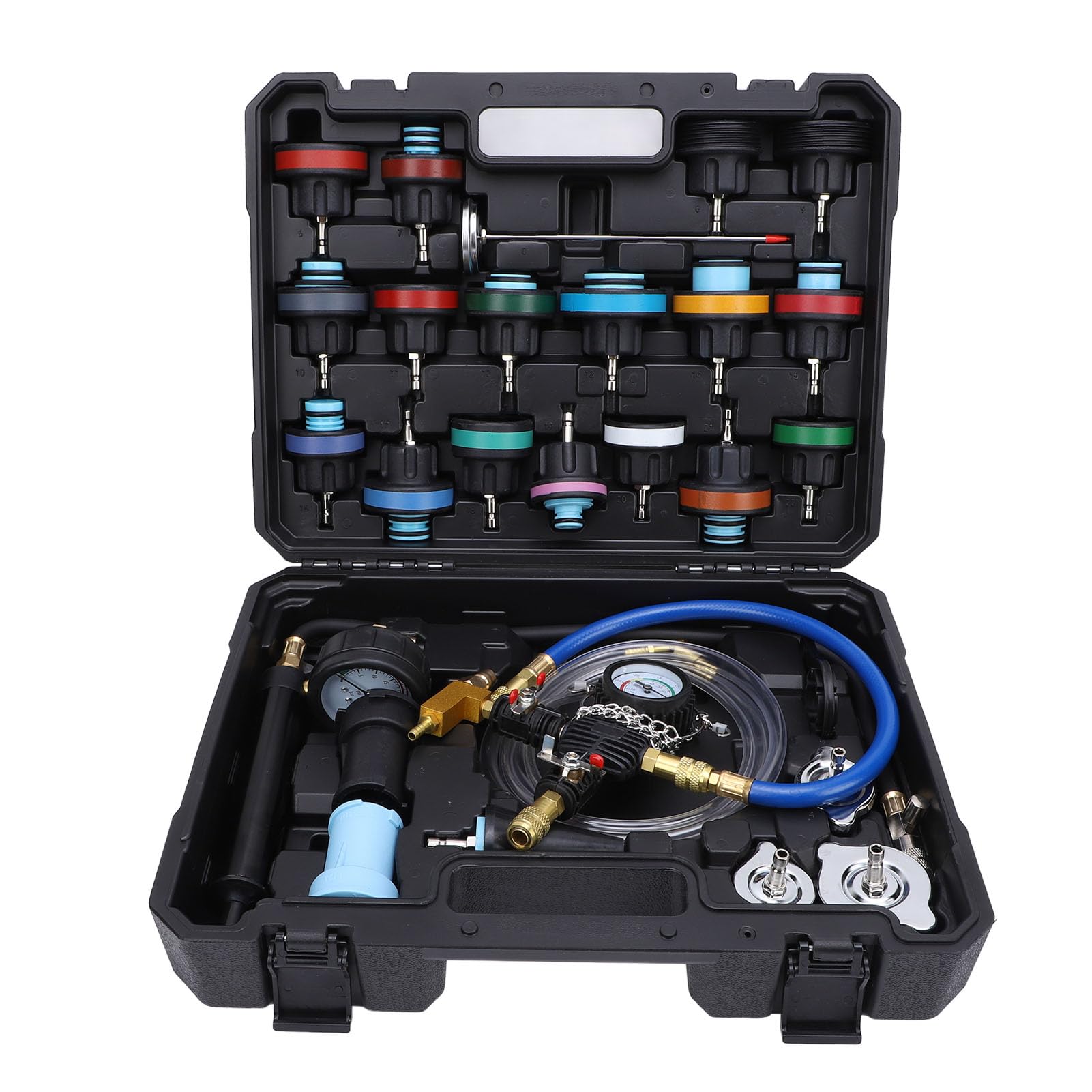 Universal Radiator Pressure Tester and Pieces Radiator Pressure Tester Portable Toolbox, 28PCS Radiator Pump Pressure Leak Tester Tool Kit for Water Tank Leakage Detection
