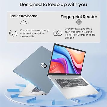 HP 17.3 Business & Home Laptop, 17.3 LED Touchscreen, AMD Ryzen 5 7430U, 8GB RAM, 512GB PCIe SSD, Backlit Keyboard, Fingerprint Reader, Webcam, HDMI, Wi-Fi 6, Windows 11 Pro, Blue