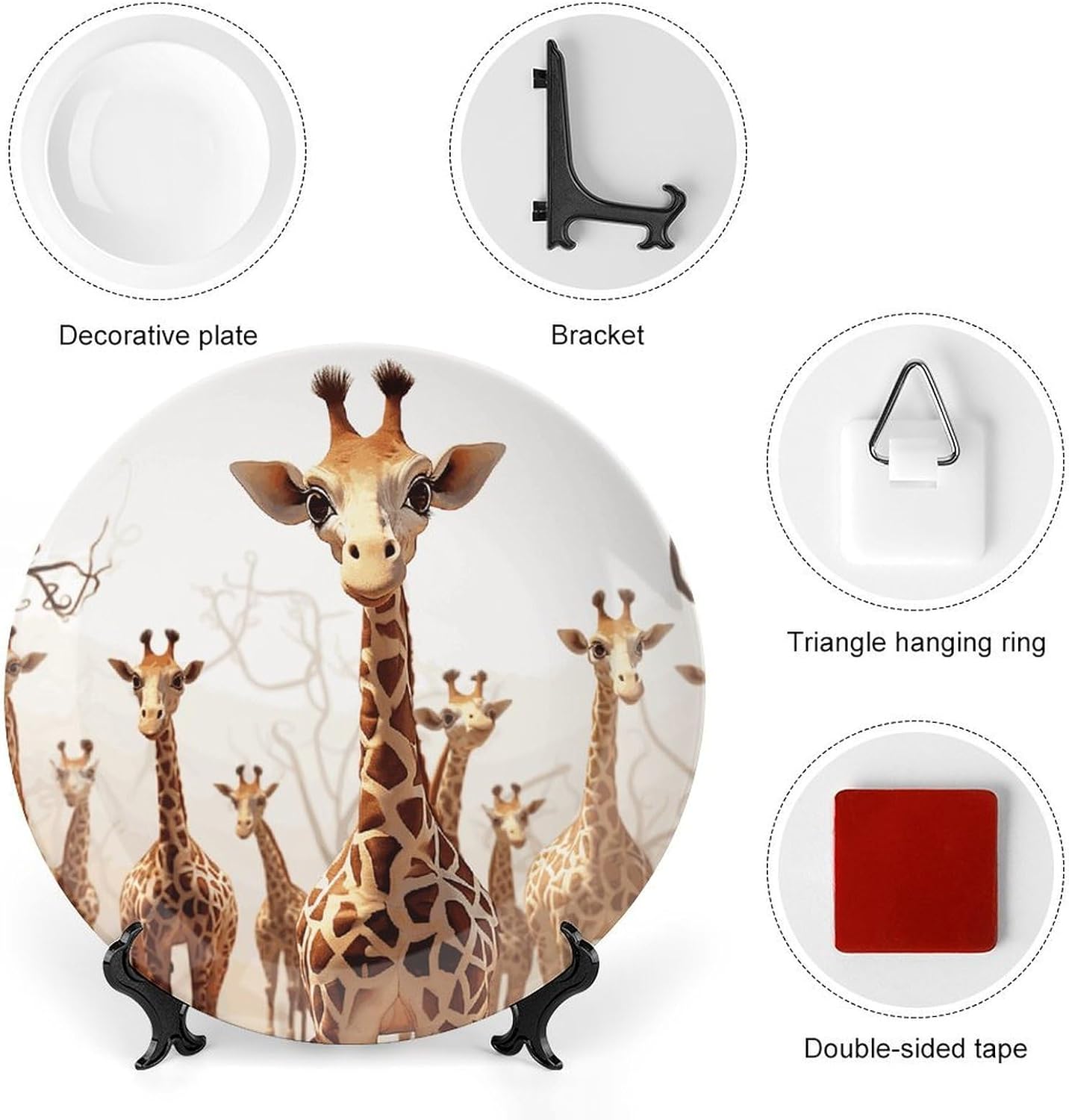 Cute Cartoon Funny Giraffes Bone China Decorative Plate with Display Stand, Ceramic Ornaments Plate for Wall Hanging, Personalized Porcelain Plates for Office, Living Room 8inch