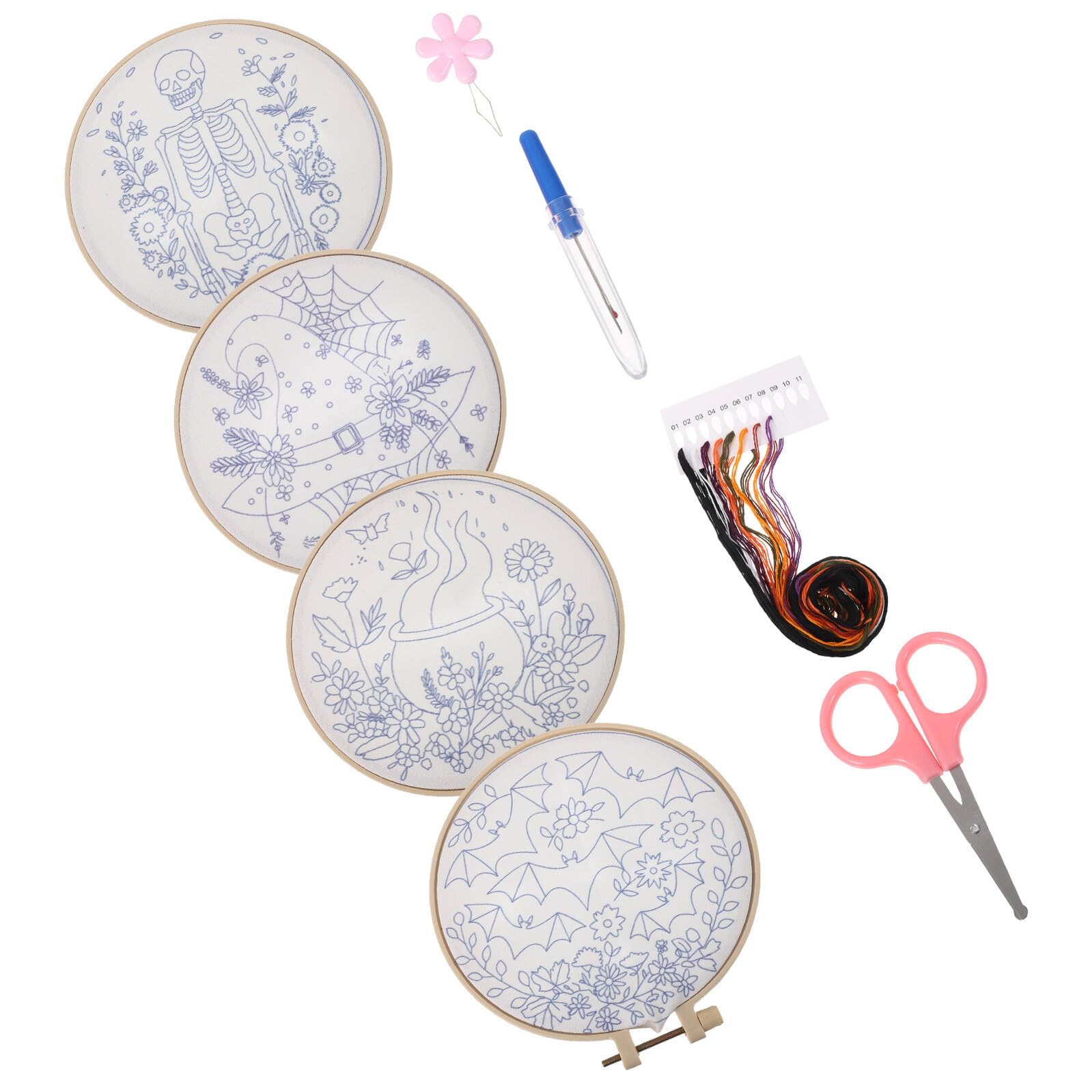 MUELODSIC Kit de Bordado DIY de Halloween para Principiantes 4 Patrones con Hilos Incluidos Tela para Bordar Juego Completo para Manualidades Creativas y Decoración Festiva