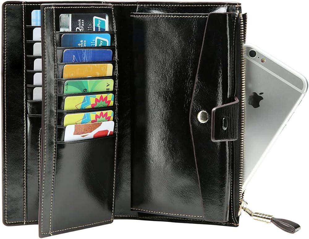 Itslife Womens RFID Blocking Large Capacity Luxury Wax Genuine Leather Wallet Clutch Ladies Card Holder, Black