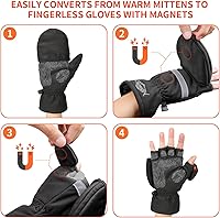 Vista 2 de Palmyth Guantes de pesca en hielo, guantes convertibles, sin dedos, con Thinsulate 3M, cálidos para clima frío e invierno, hombres y mujeres, Negro