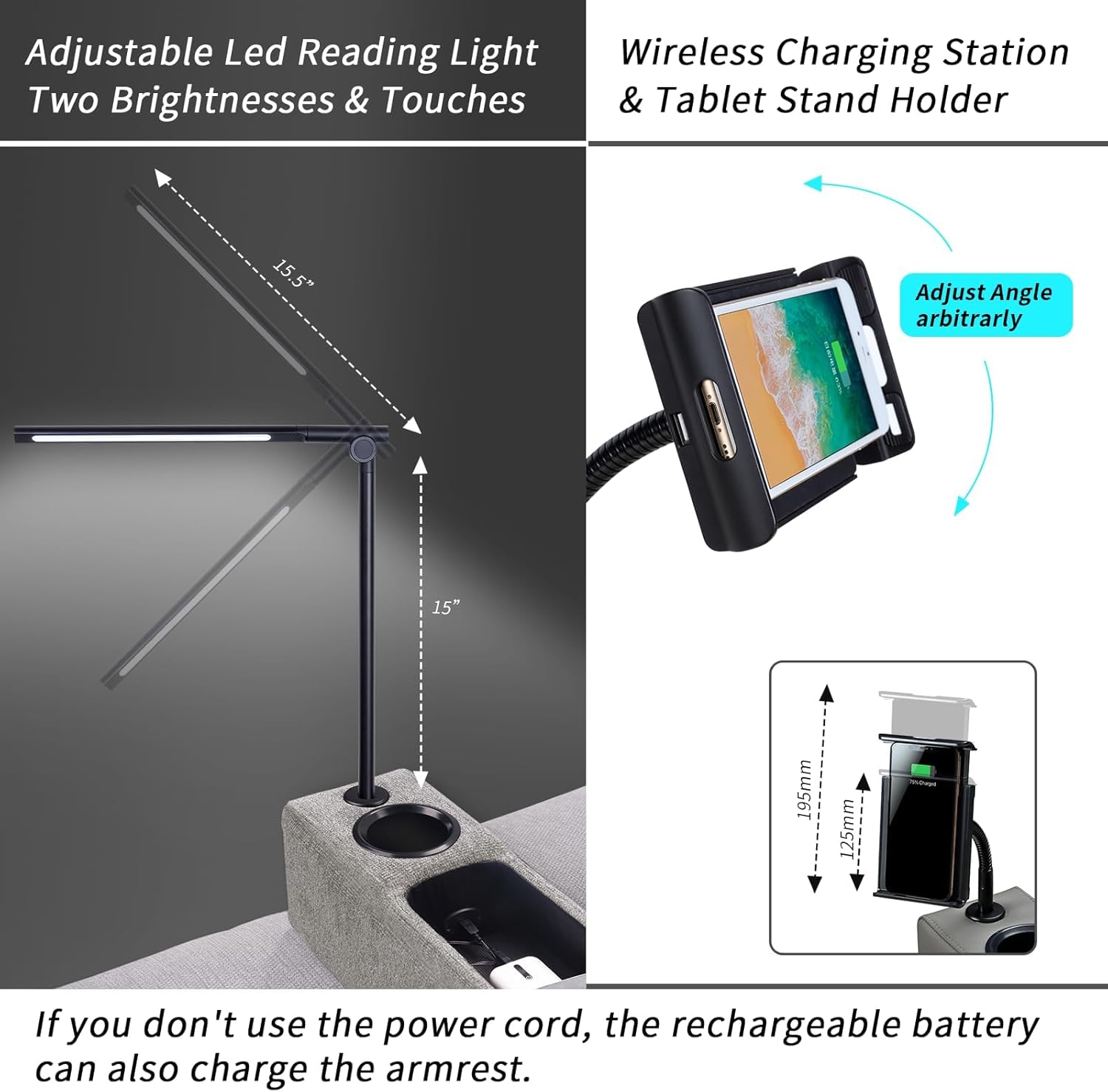 Multifunctional Sofa Armrest, Couch Armrest with Wireless Charge Stand, Removable Couch Caddy with Storage,Including LED Reading Light - Image 3