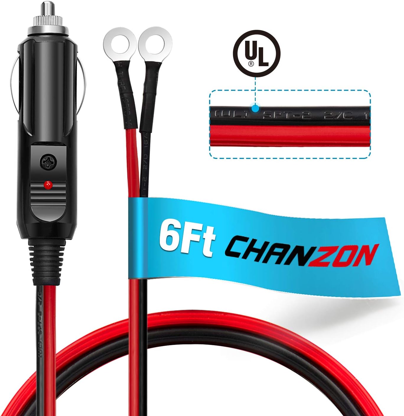 Chanzon UL Wire 6Ft/3Ft Male Plug Cigarette Lighter Outlet + Eyelet Terminal Spring Power Supply Cord 16AWG Heavy Duty Cable Fused DC Power 12/24 Volt Socket for Car Inverter Tire Inflator Air Pump