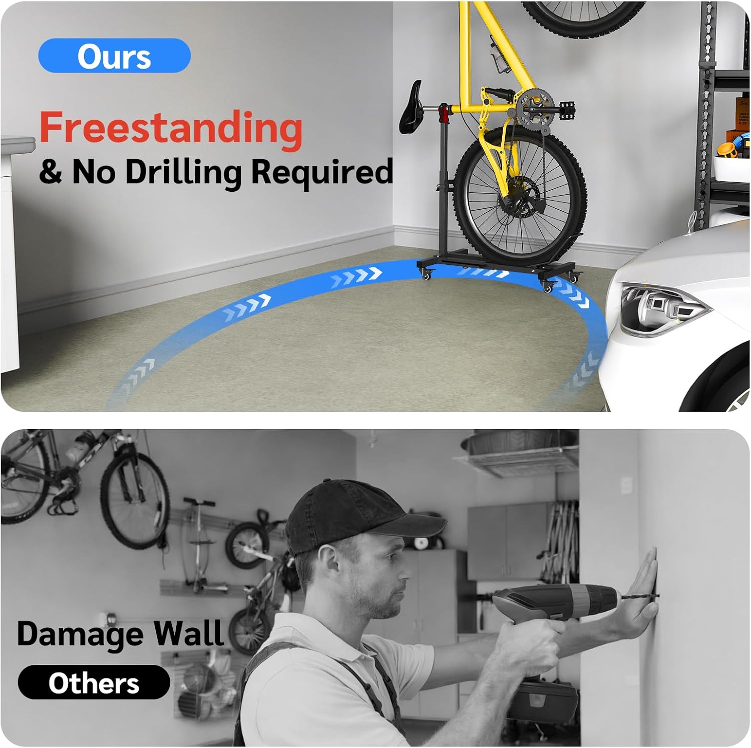 Bike Floor Stand Indoor Bike Stand for Garage/Home,Adjustable Bicycle Parking Stand Fit for 16"-29" Wheel Mini/Mountain/Road Bikes Heavy Duty Metal (Height-adjustable with wheels)