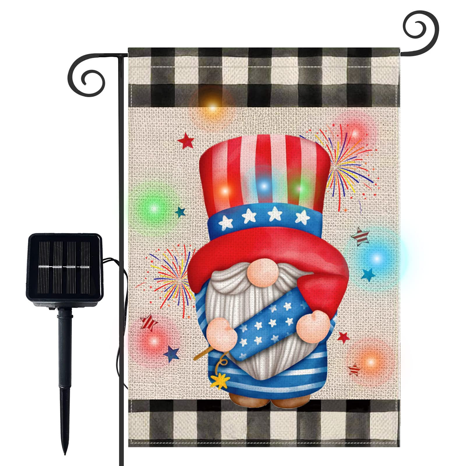 MaikcQ 4th of July Independence Day Garden Flag with Lights, Solar LED Gnome Patriotic USA Garden Flag 12x18 Inch Double Sided for Outside Outdoors Patio Lawn Yard Decoration Farmhouse